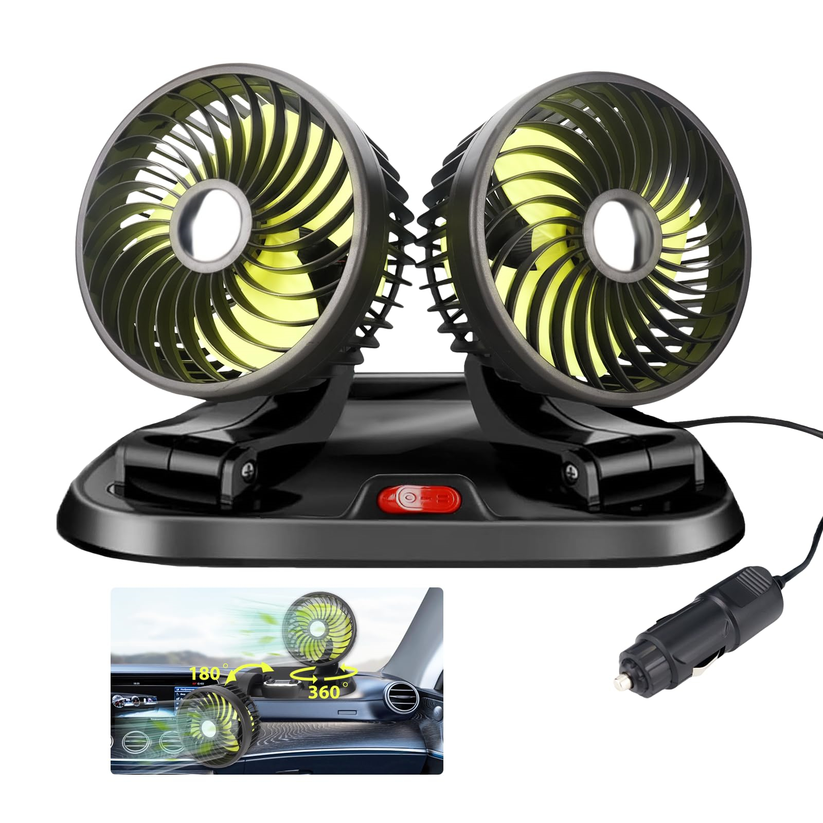 Autolüfter mit gelben Flügeln und 12V-Zigarettenanzünder. Der Lüfter ist am Armaturenbrett montiert.