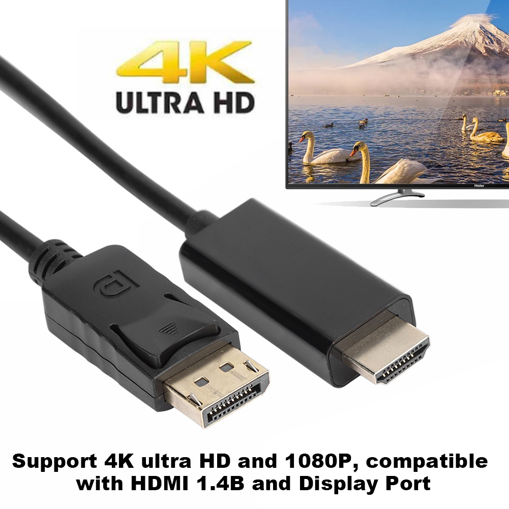 Schwarzes DisplayPort-zu-HDMI-Kabel, neben einem Fernseher mit Berg- und Seeszene, 4K Ultra HD zeigend.