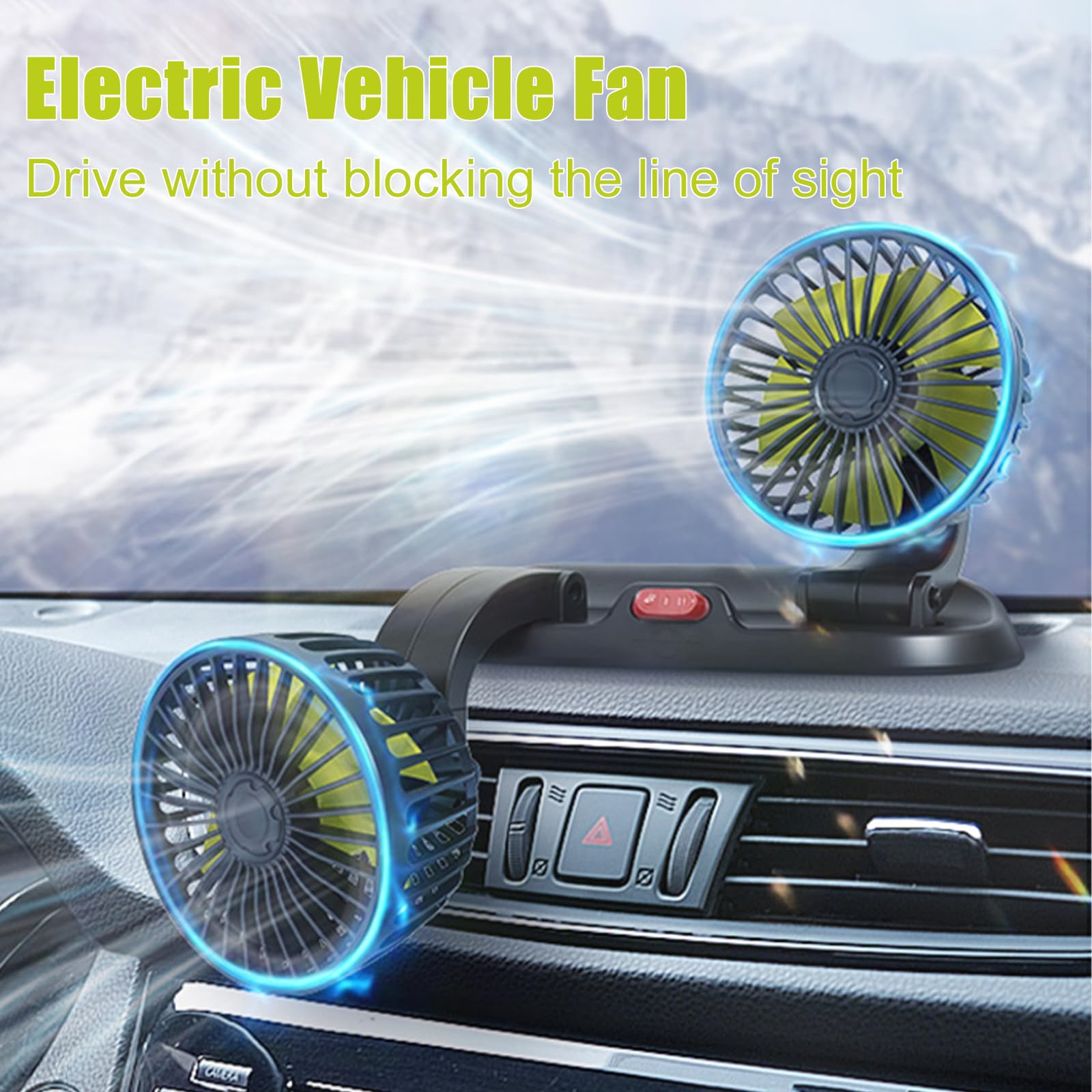 Autointerieur mit zwei Ventilatoren mit gelben Flügeln. Der Ventilator ist am Armaturenbrett montiert.