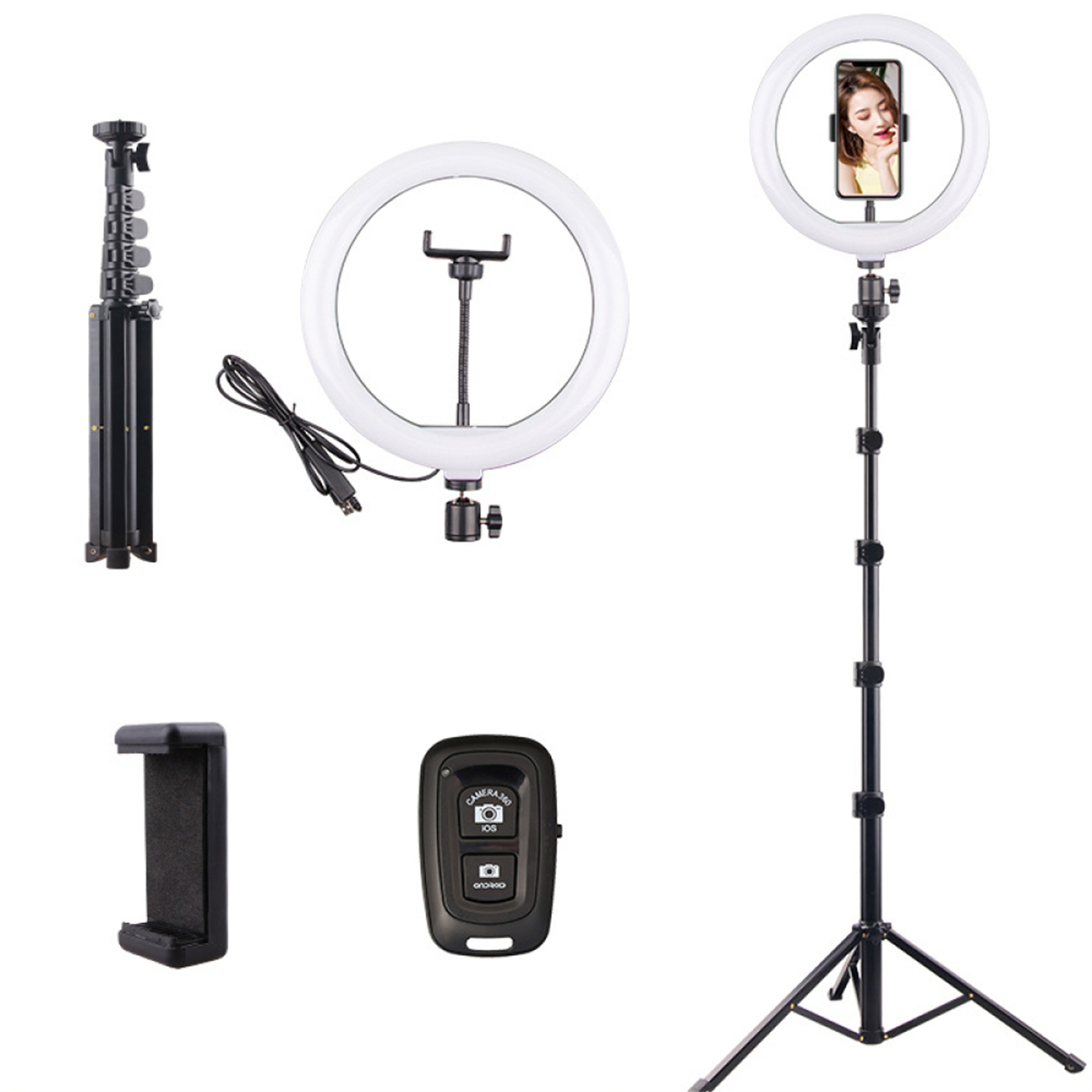 Ringlicht mit Stativ, Telefonhalter und Fernbedienung. Enthält Weiß, Stativ und Telefonhalter.