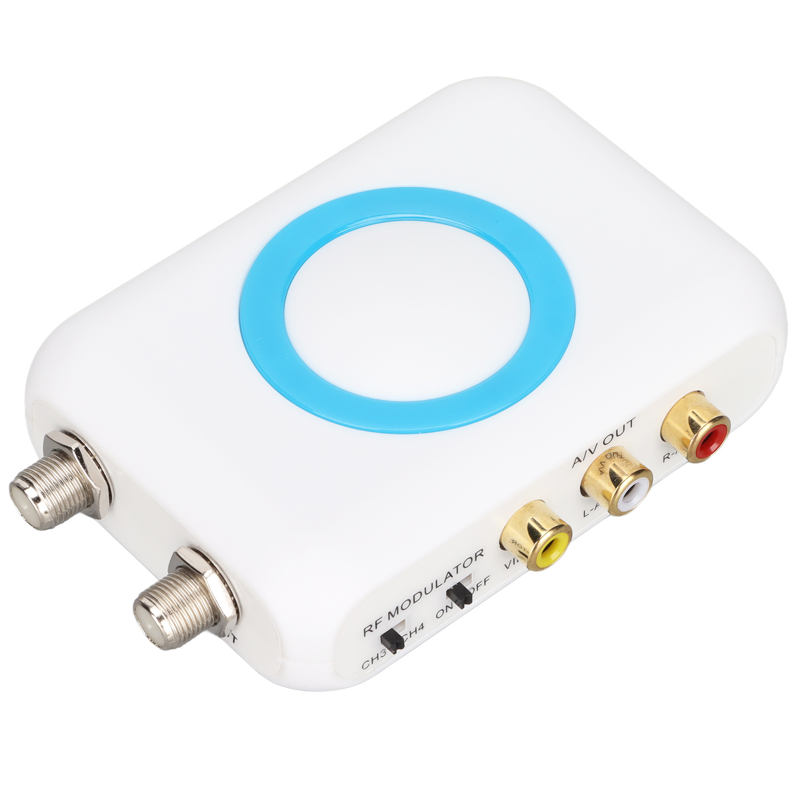Ein weißer HF-Modulator mit blauem Kreisdesign, mit Eingängen, Ausgängen und Bedienelementen.