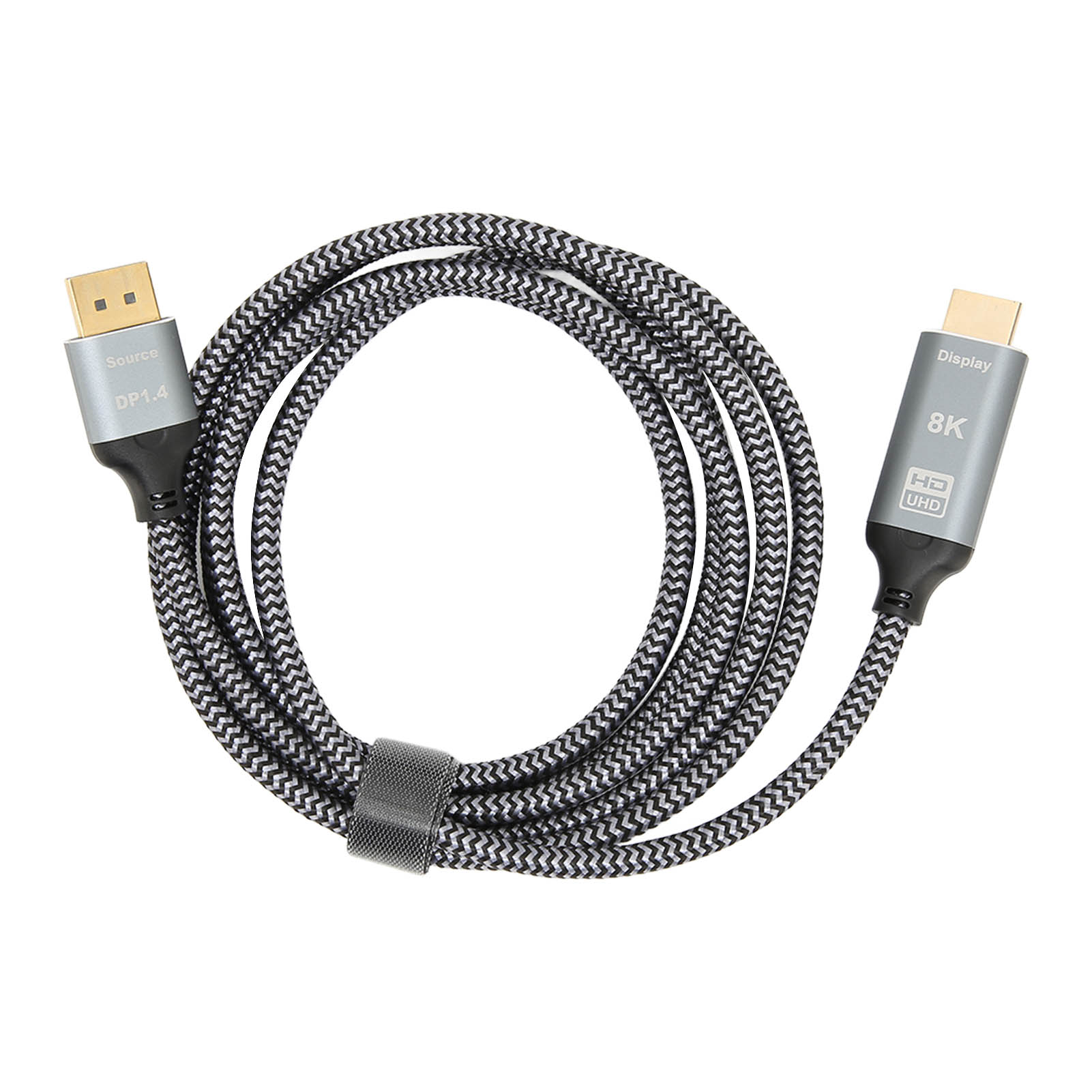 HDMI-Kabel mit DisplayPort-Anschluss. Es ist schwarz und grau, mit der Aufschrift '8K' und 'Display'.
