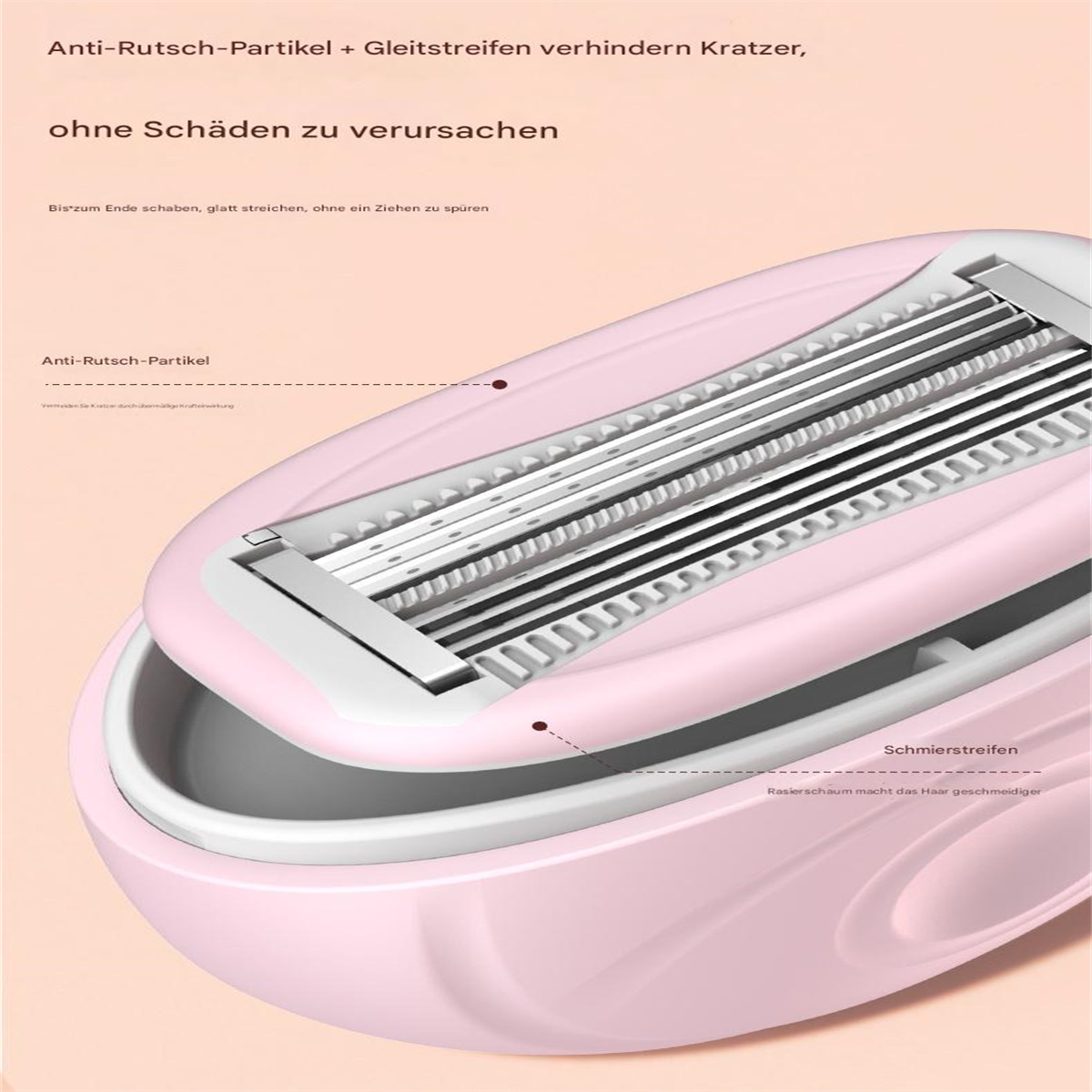 Nahaufnahme eines rosa Rasierers, der die Klinge und die Anti-Rutsch-Partikel zeigt, für eine glatte Rasur.