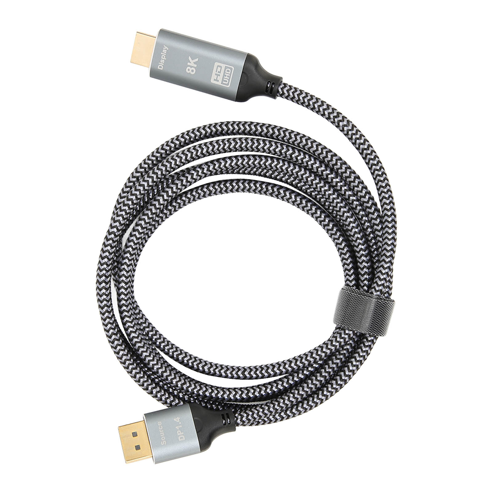 Ein schwarz-graues geflochtenes DisplayPort-Kabel in kreisförmiger Form mit Anschlüssen an beiden Enden.