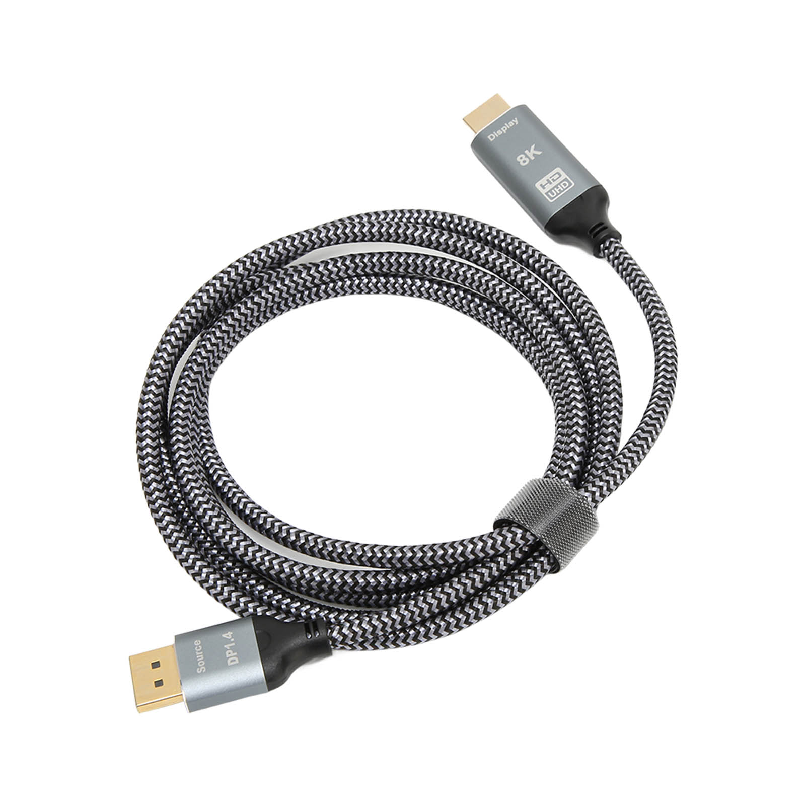 Ein schwarz-graues geflochtenes DisplayPort-Kabel mit einem Stecker an jedem Ende. Das Kabel hat eine kreisförmige Form.