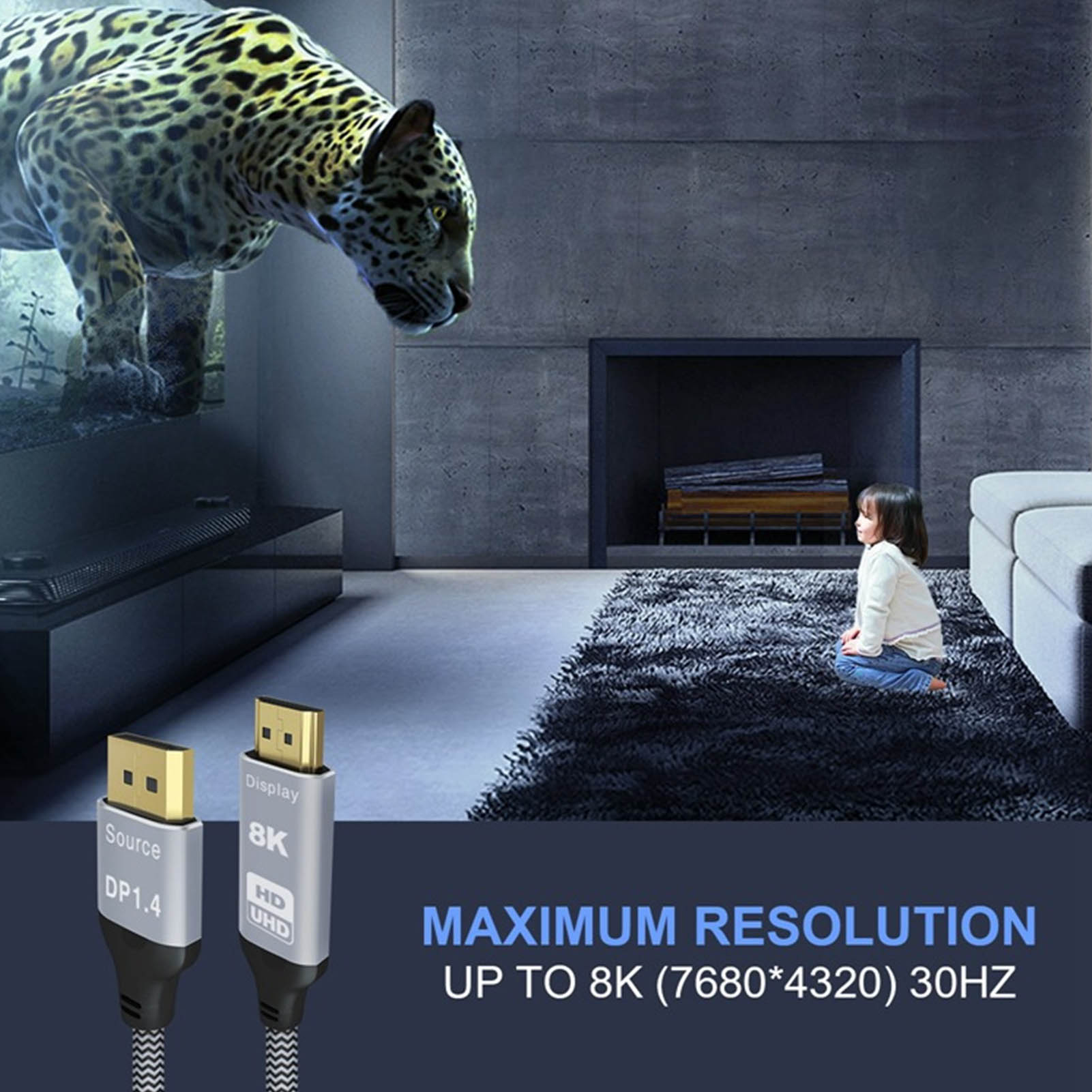 Ein Mädchen sitzt auf einem Teppich und schaut fern. Ein Jaguar wird an die Wand projiziert.