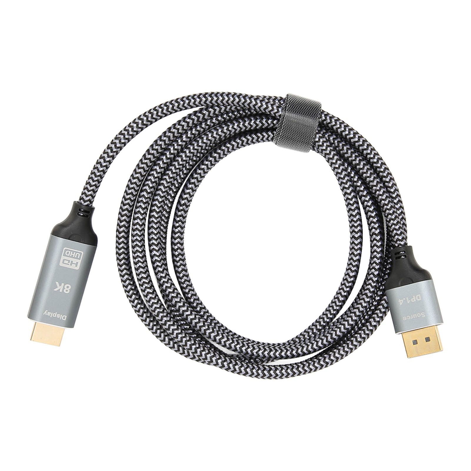Ein 8K-HDMI-Kabel mit zwei Steckern und einem geflochtenen schwarz-grauen Kabel.