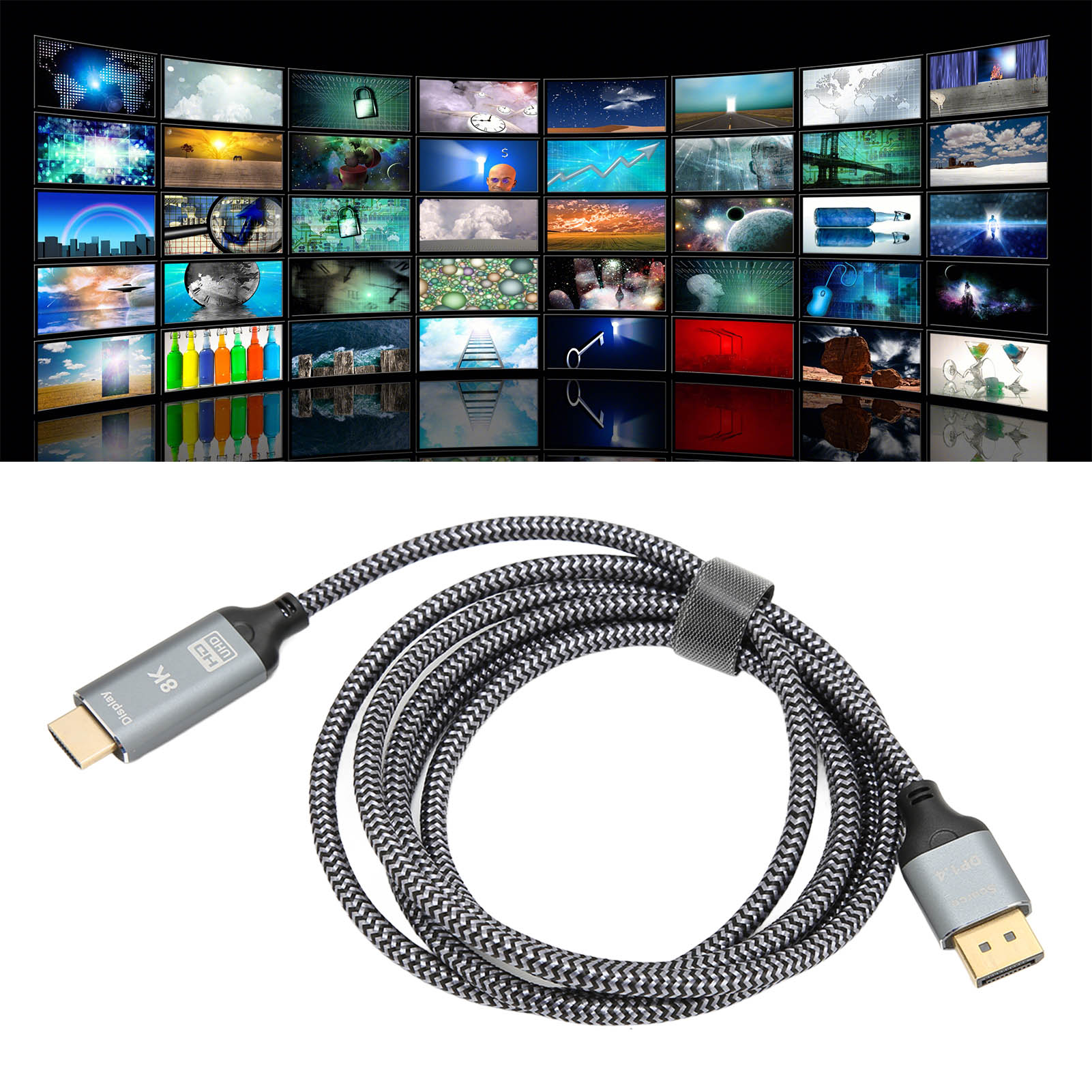 Ein 8K-HDMI-Kabel mit vielen Bildschirmen im Hintergrund.