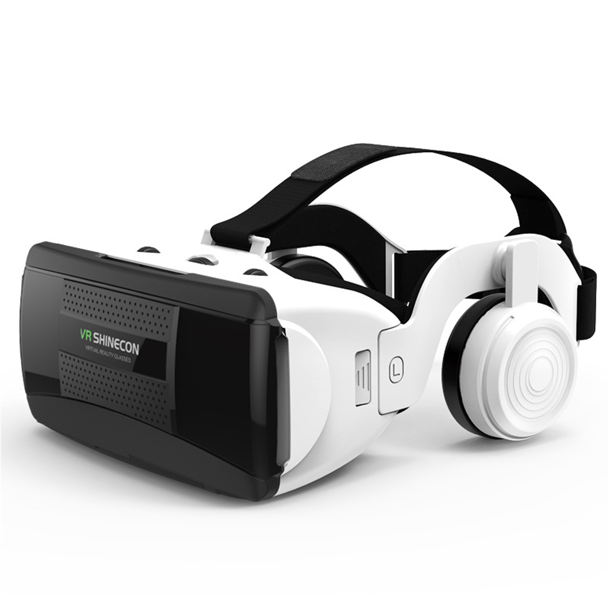 Ein weißes und schwarzes VR-Headset mit Kopfhörern. Das Headset hat den Markennamen VR SHINECON.