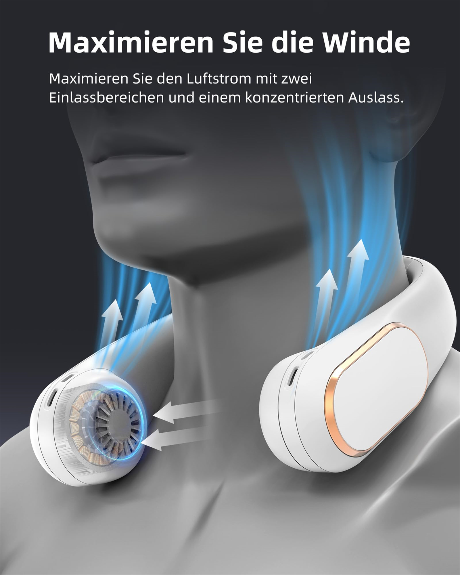Der Hals einer Person mit einem weißen Nackenventilator, der den Luftstrom zeigt. Pfeile zeigen die Luftrichtung an.