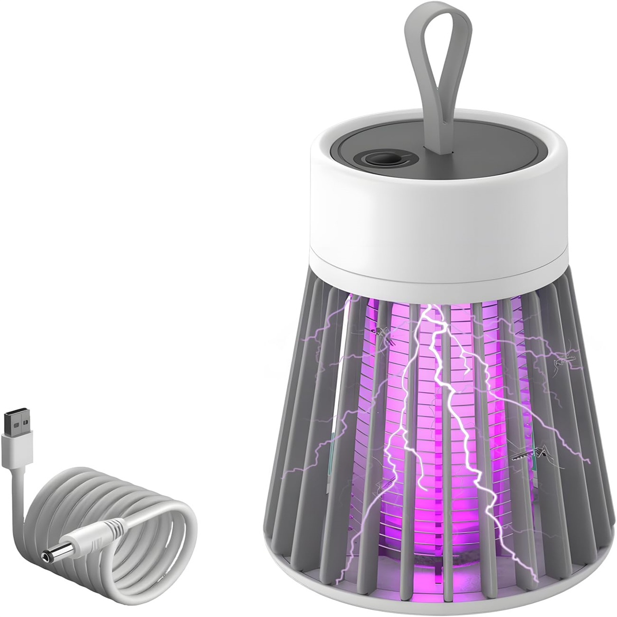 Weiß-graue Mückenvernichterlampe mit USB-Kabel, emittiert violettes Licht.