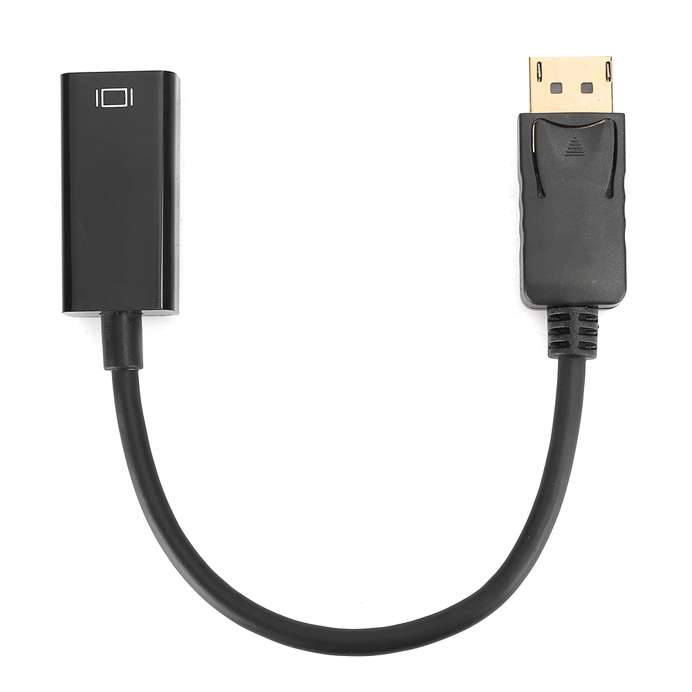 Ein schwarzer DisplayPort-Adapter mit schwarzem Kabel. Es ist auf weißem Hintergrund.