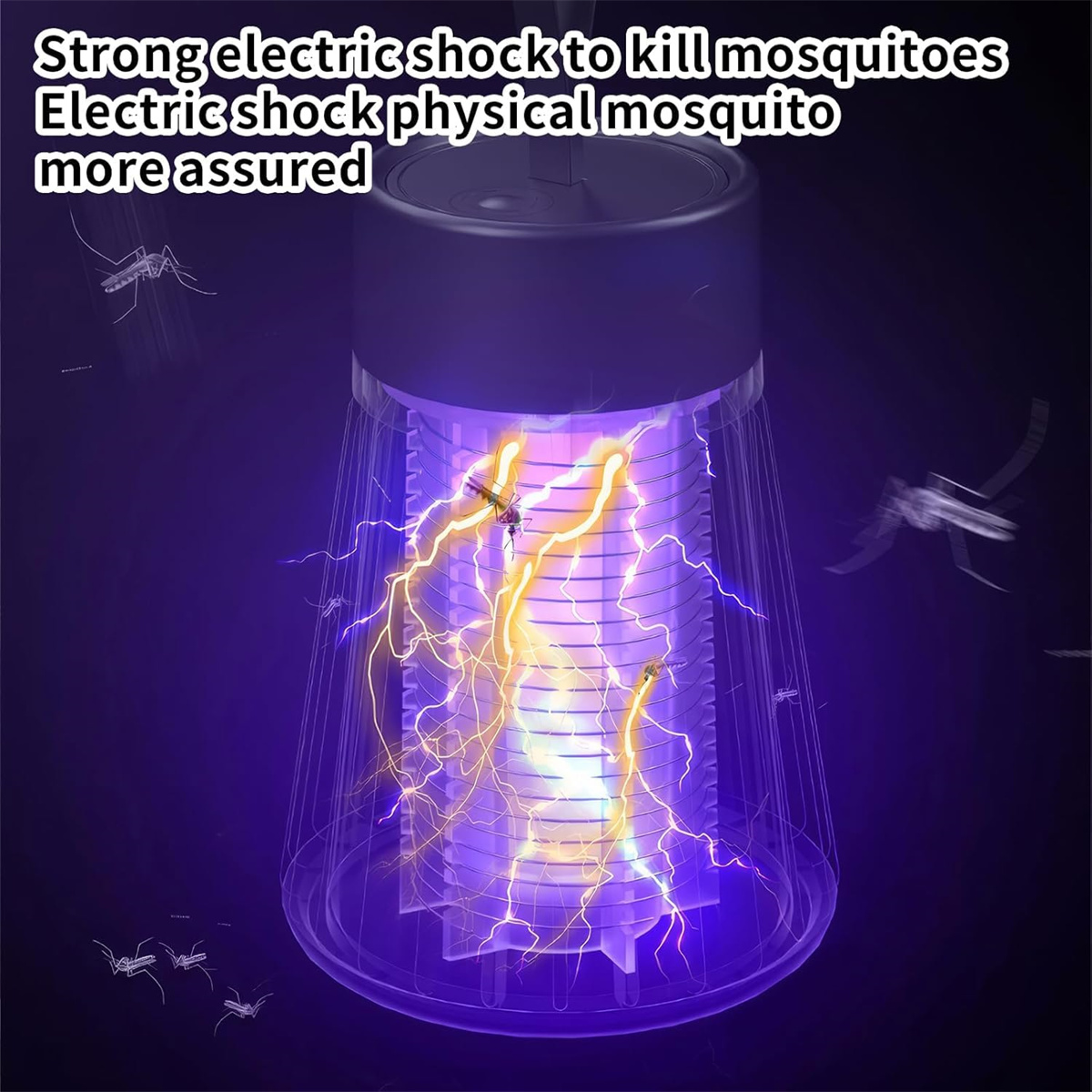 Nahaufnahme einer Mückenvernichterlampe, die violettes Licht mit Blitzeffekten aussendet.
