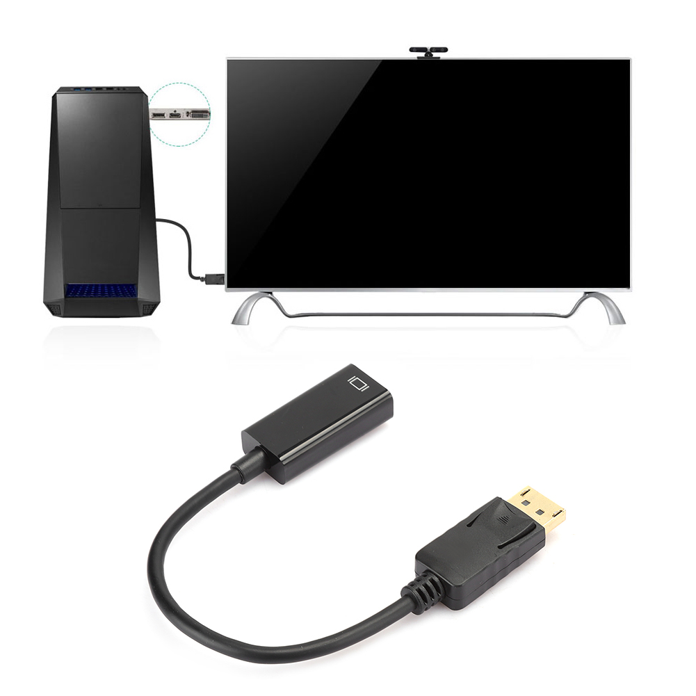 Ein schwarzes Kabel, das einen Computer mit einem Monitor verbindet, mit dem Kabeladapter dazwischen.
