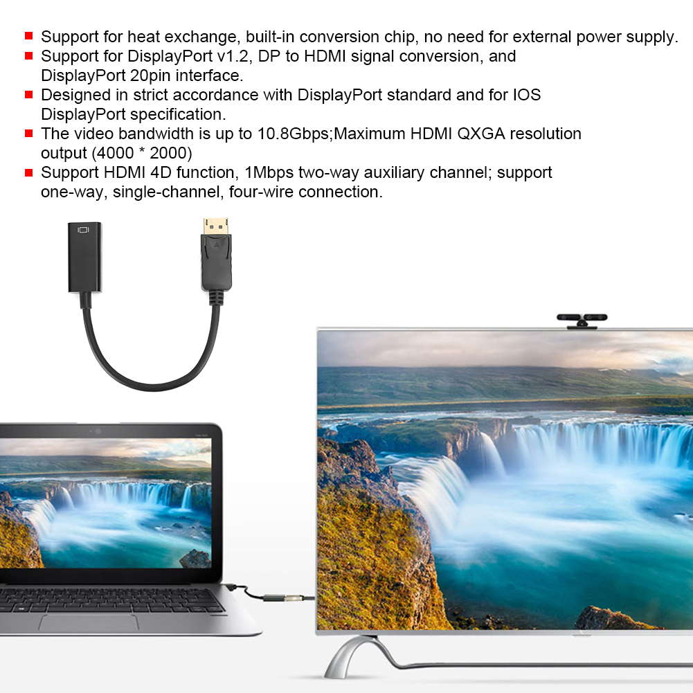 Ein schwarzes DisplayPort-zu-HDMI-Adapterkabel, das mit einem Laptop und einem Monitor verbunden ist, der einen Wasserfall anzeigt.