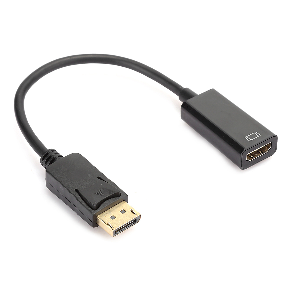 Schwarzes DisplayPort-zu-HDMI-Adapterkabel mit DisplayPort-Anschluss und HDMI-Anschluss.
