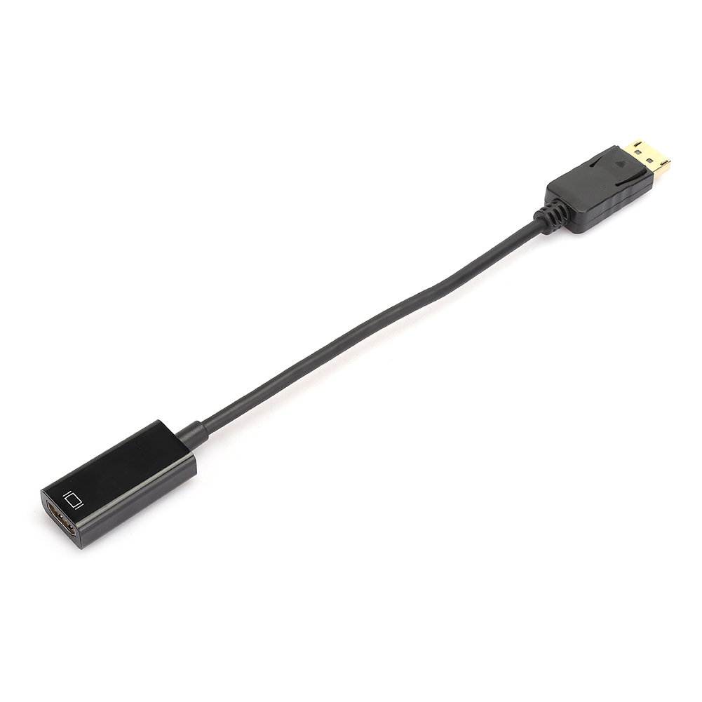 Schwarzes DisplayPort-zu-HDMI-Adapterkabel mit DisplayPort-Anschluss und HDMI-Anschluss.