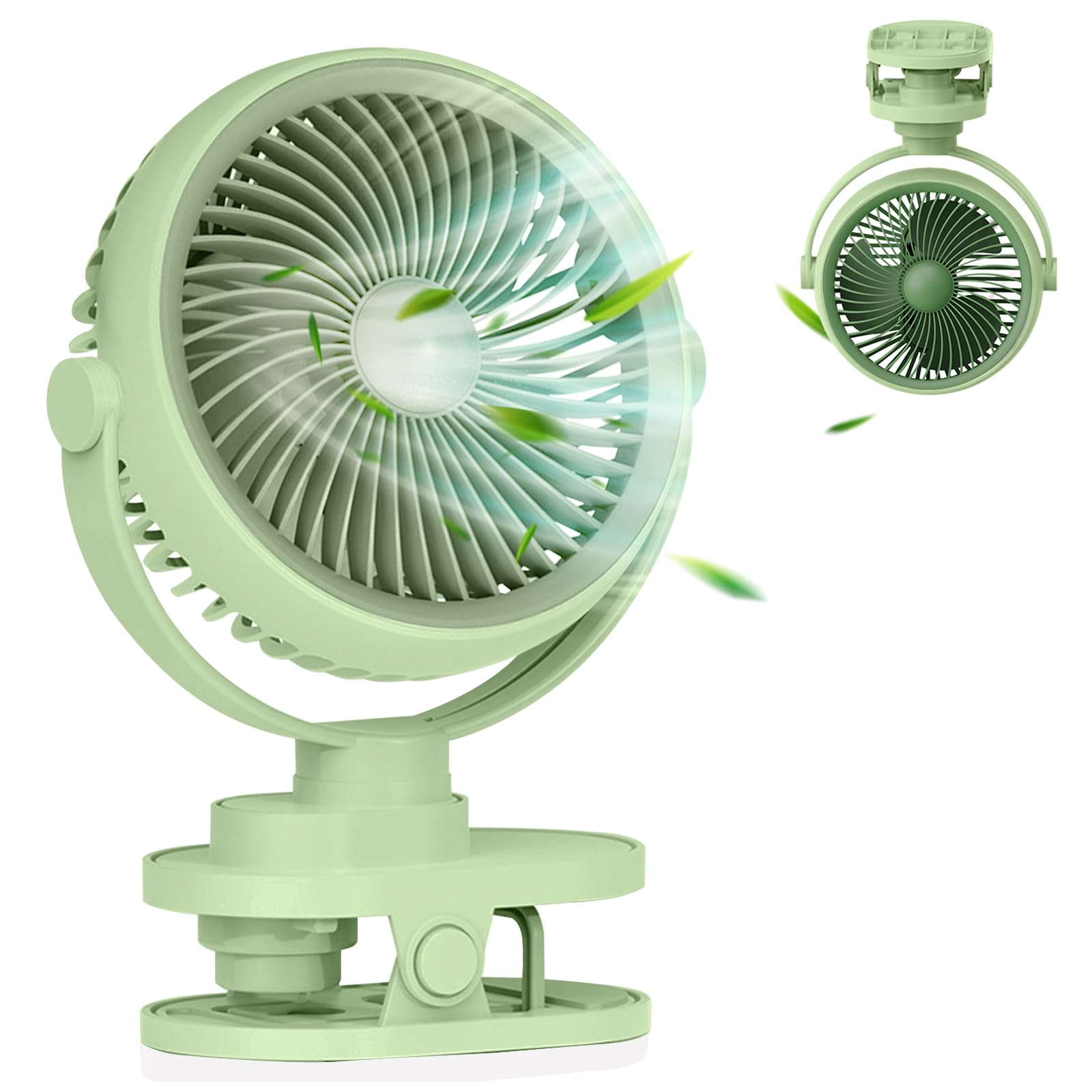 Grüner Clip-On-Ventilator. Klingen sichtbar. Ein weiterer Ventilator im Hintergrund.