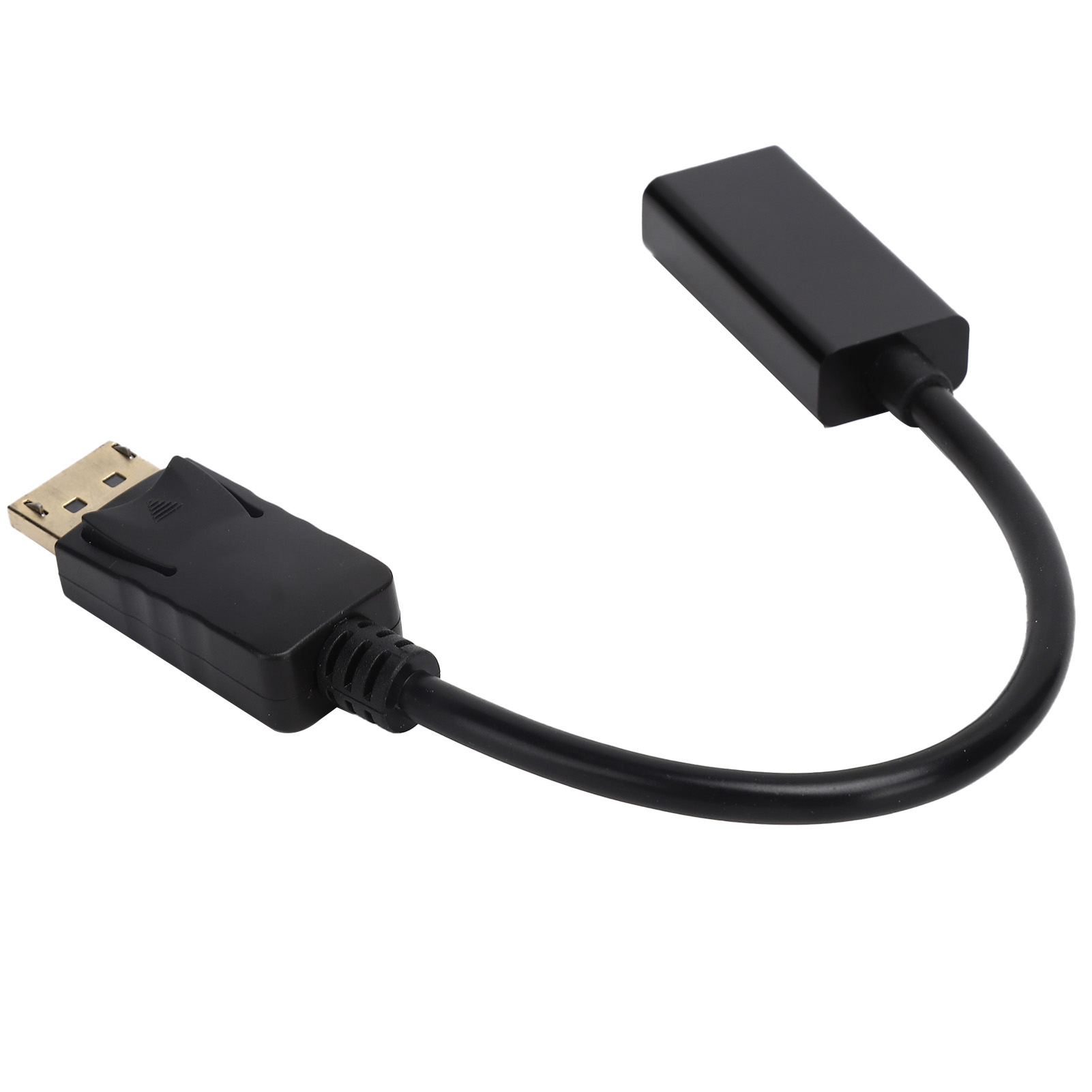 Schwarzes DisplayPort-zu-HDMI-Adapterkabel. Ein Ende hat einen DisplayPort-Anschluss.