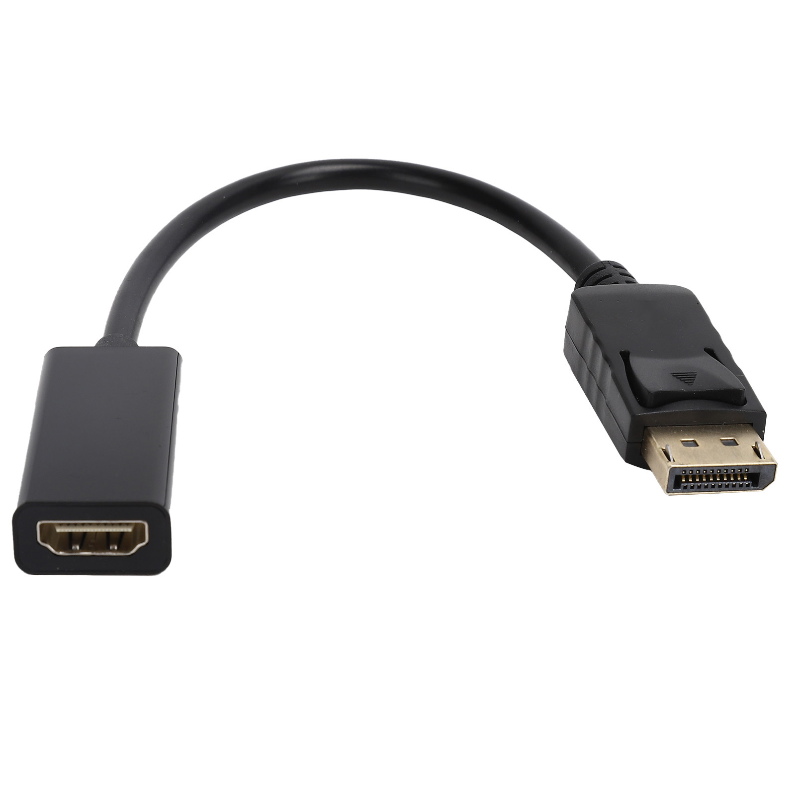 Schwarzes DisplayPort-zu-HDMI-Adapterkabel. Ein Ende hat einen DisplayPort-Anschluss.