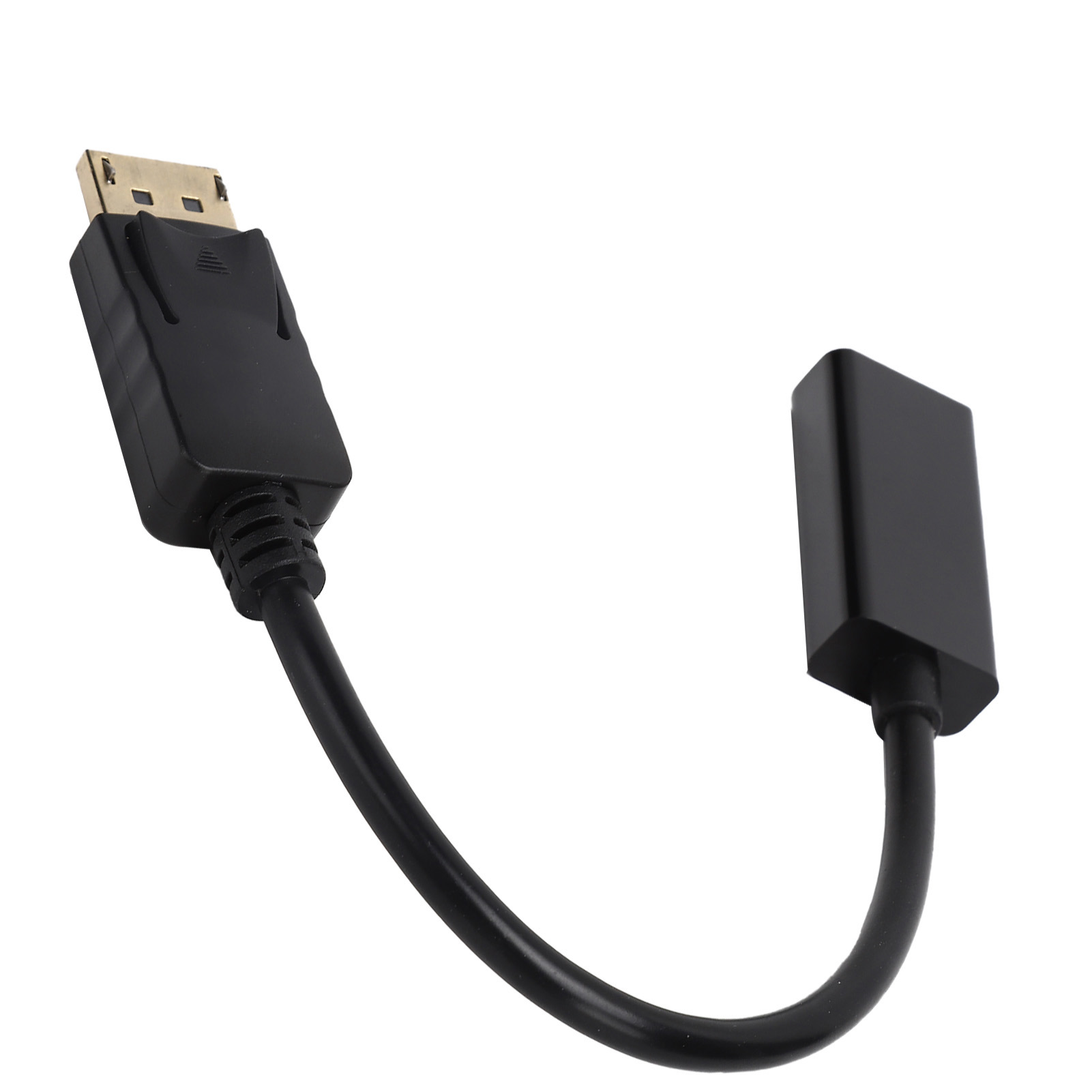Schwarzes DisplayPort-Adapterkabel mit goldfarbenen Steckern, auf weißem Hintergrund.
