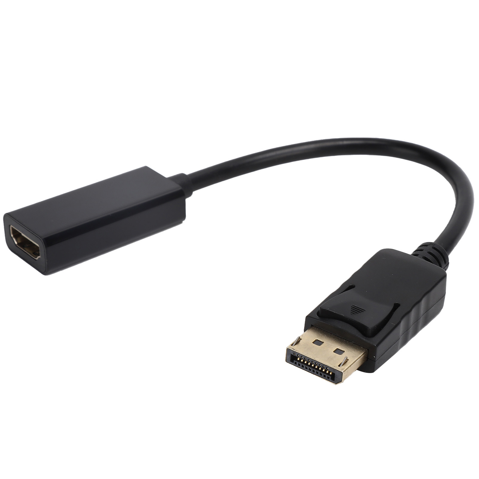 Schwarzes DisplayPort-zu-HDMI-Adapterkabel, gebogen, auf weißem Hintergrund.
