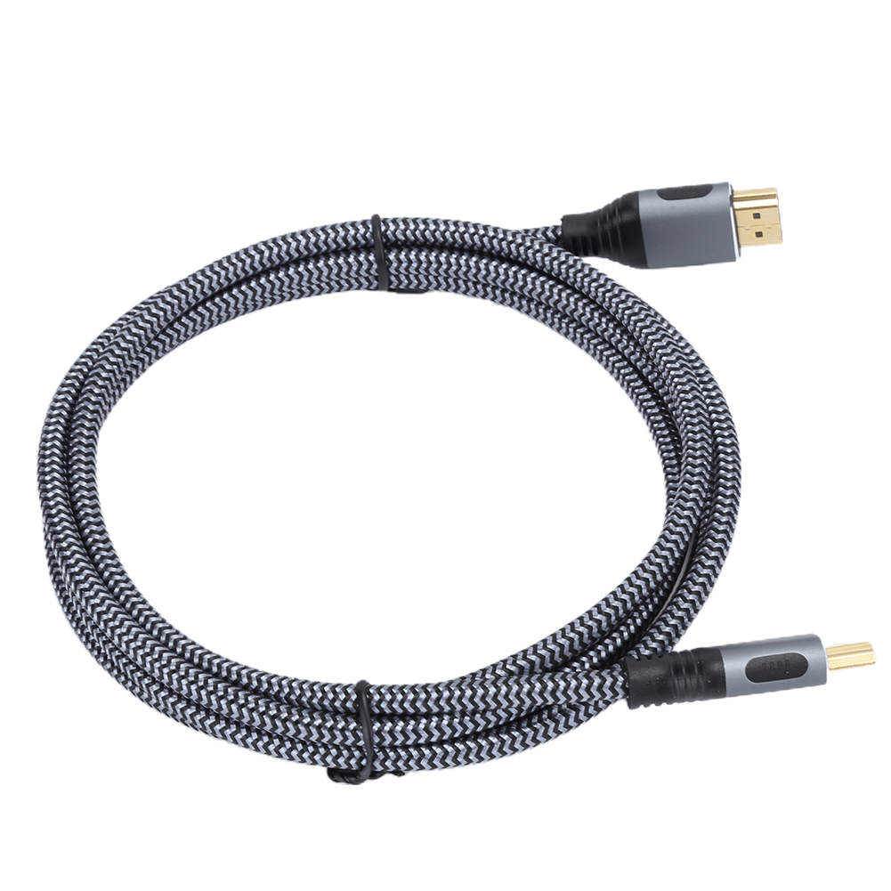 Schwarz-weißes HDMI-Kabel mit grauen Steckern, aufgerollt.