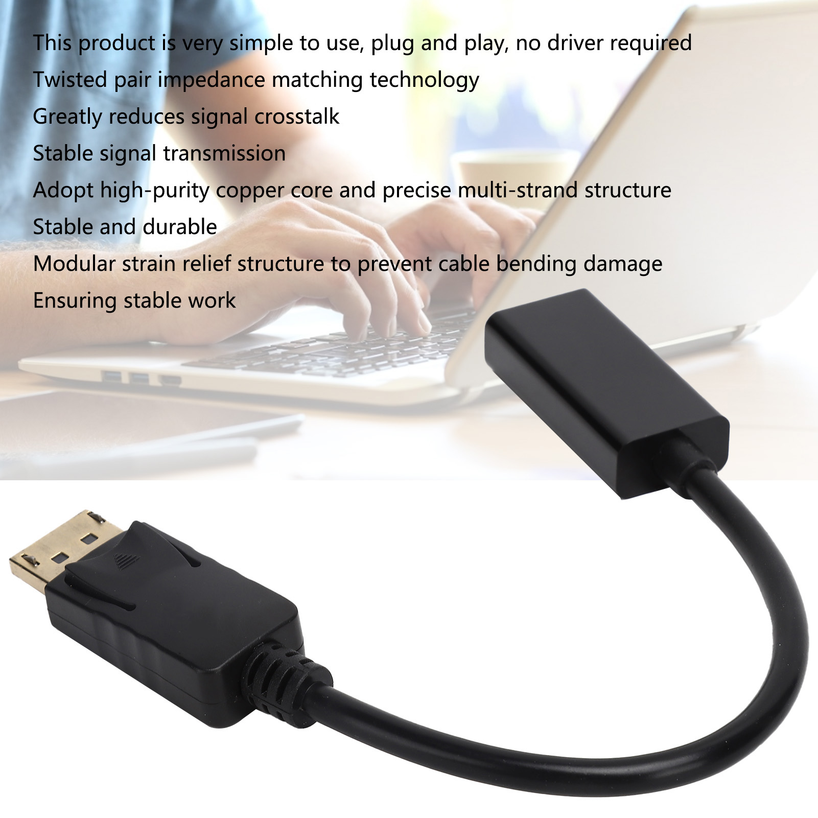 Schwarzes DisplayPort-zu-HDMI-Adapterkabel mit Textüberlagerung, die das Produkt beschreibt.