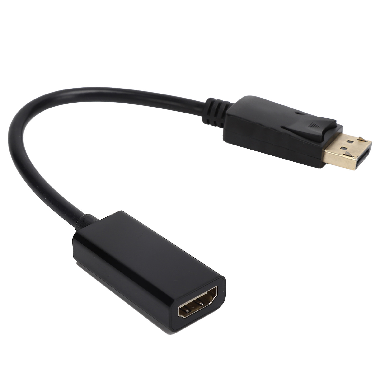 Ein schwarzes HDMI-zu-DisplayPort-Adapterkabel, gebogen, auf weißem Hintergrund.