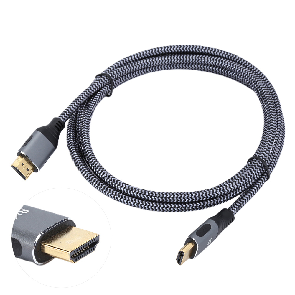 HDMI-Kabel mit goldenen Steckern, grauem Gehäuse und einem schwarz-grauen geflochtenen Kabel.