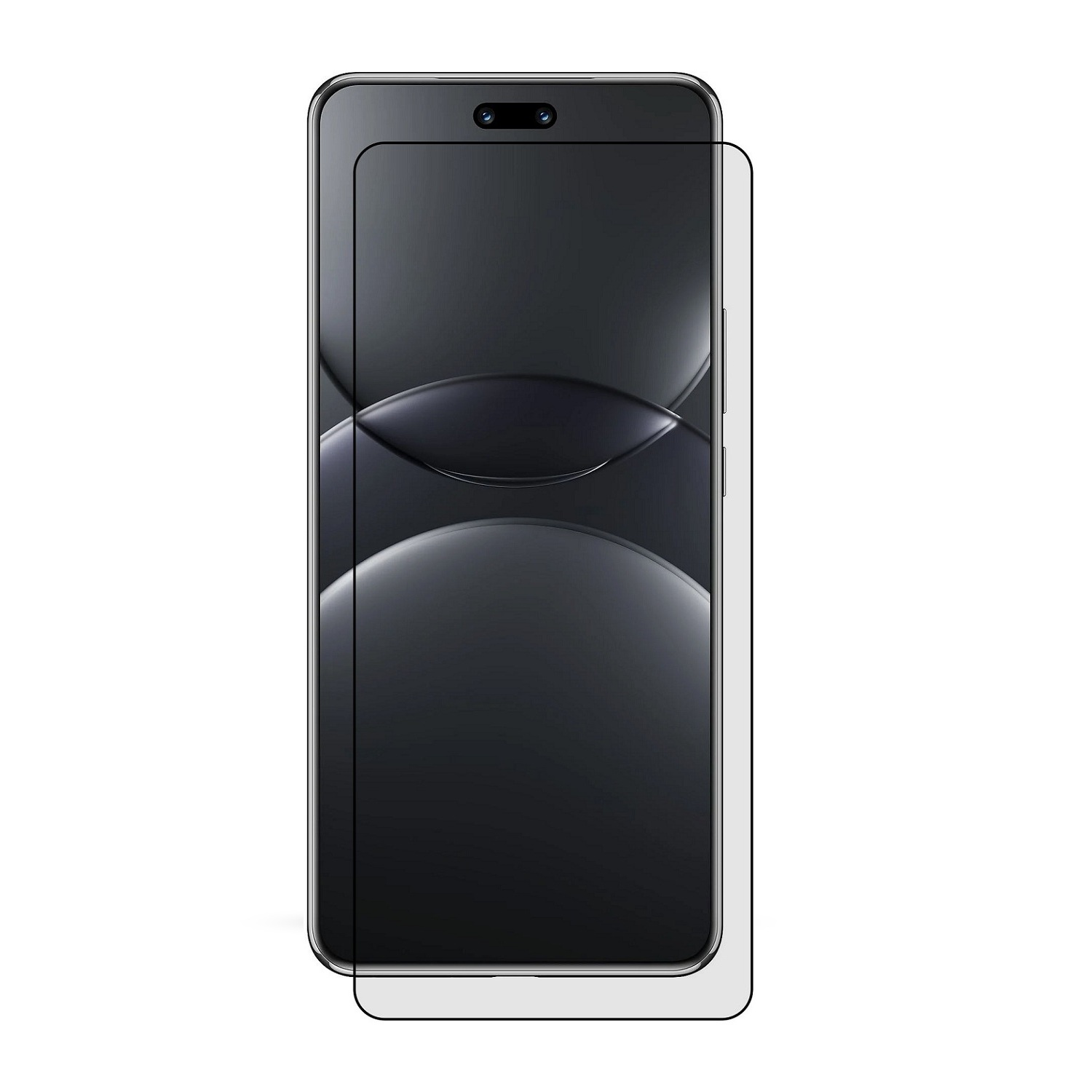 Ein Smartphone mit angebrachter Displayschutzfolie. Das Telefon ist schwarz, hat eine Dual-Kamera und die Schutzfolie ist durchsichtig.