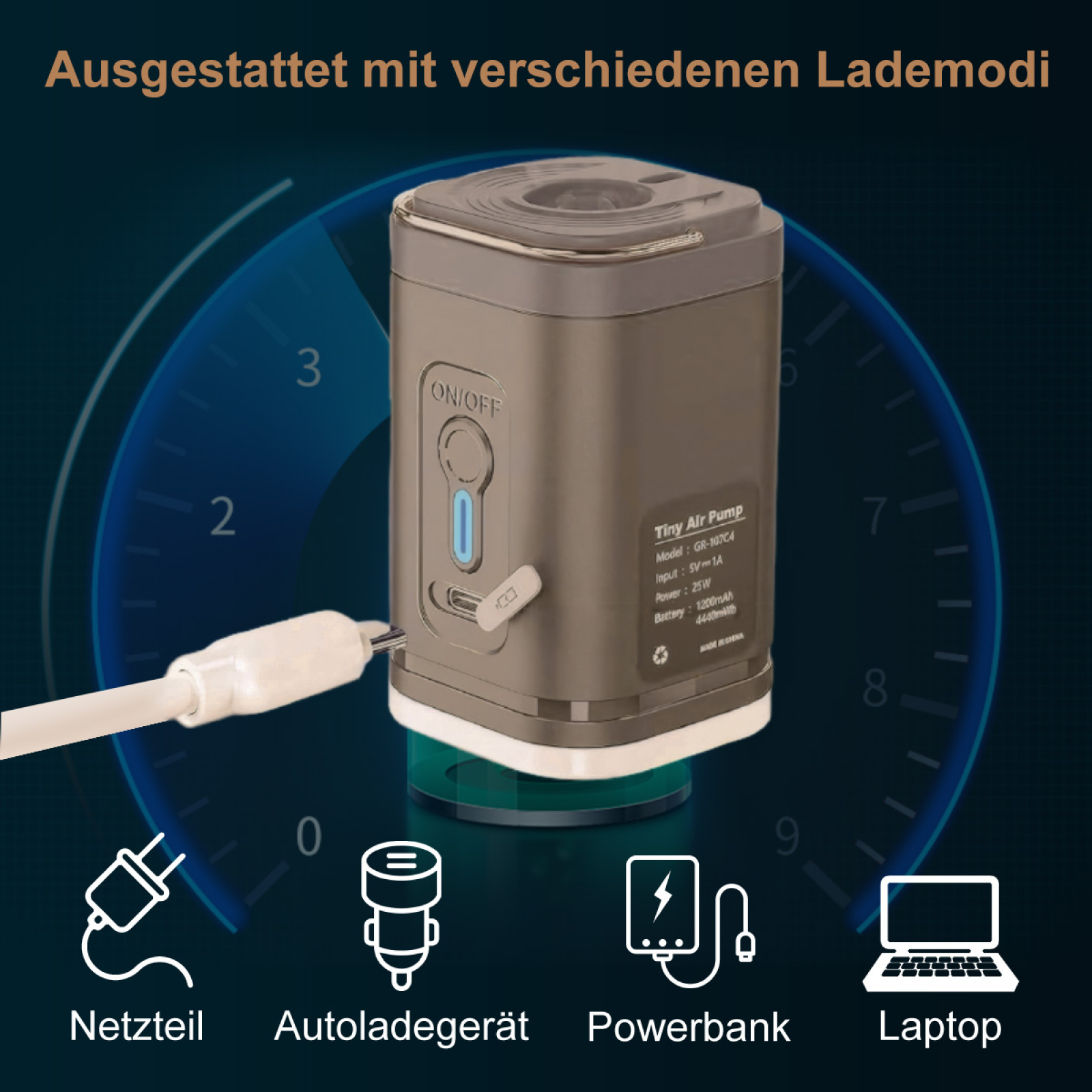 Das Bild zeigt eine graue, würfelförmige winzige Luftpumpe mit Ladeoptionen vor einem dunkelblauen Hintergrund.