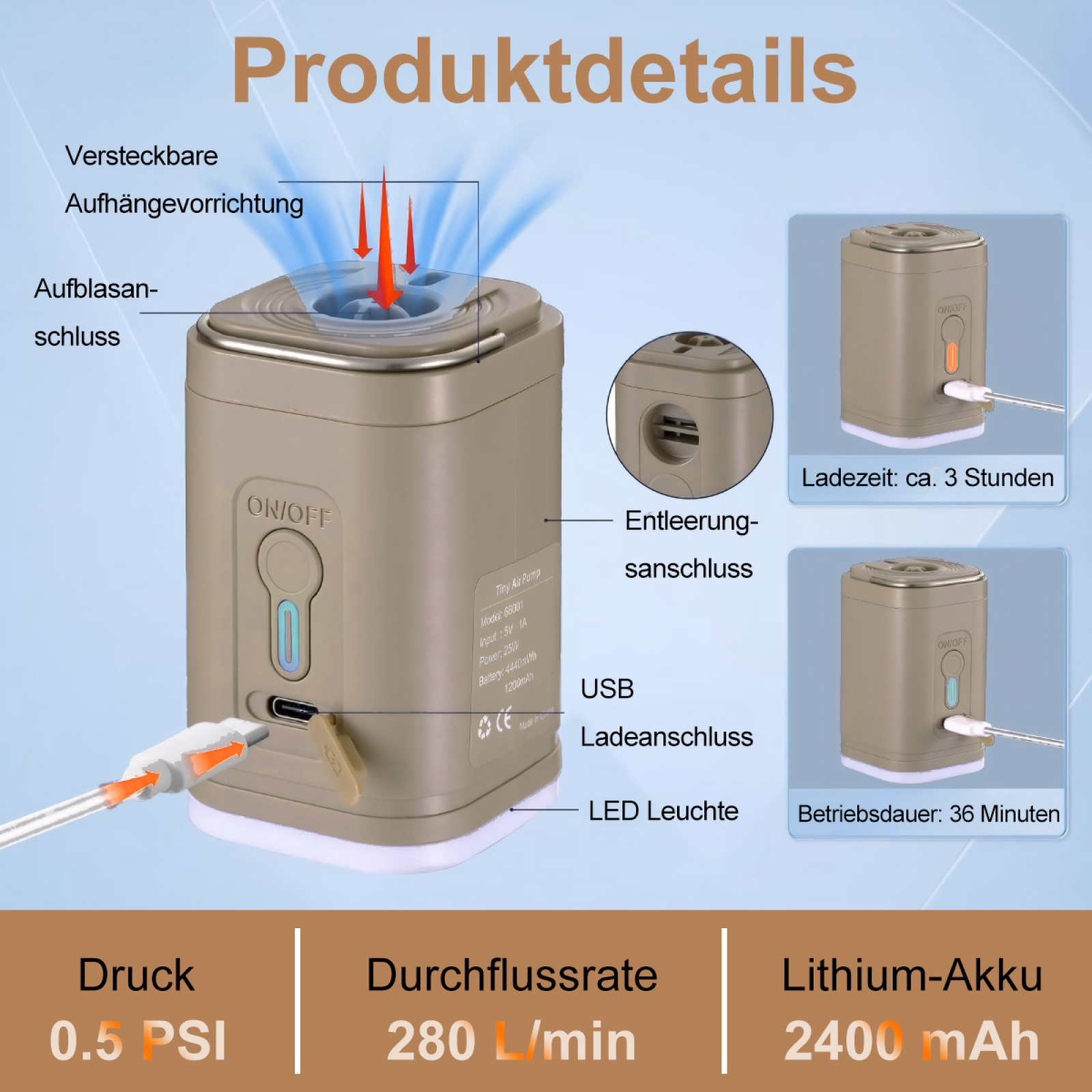 Ein Luftpumpengerät mit Details auf der Seite, einschließlich Ein-/Aus-Taste und USB-Ladeanschluss, mit Produktdetails darunter.