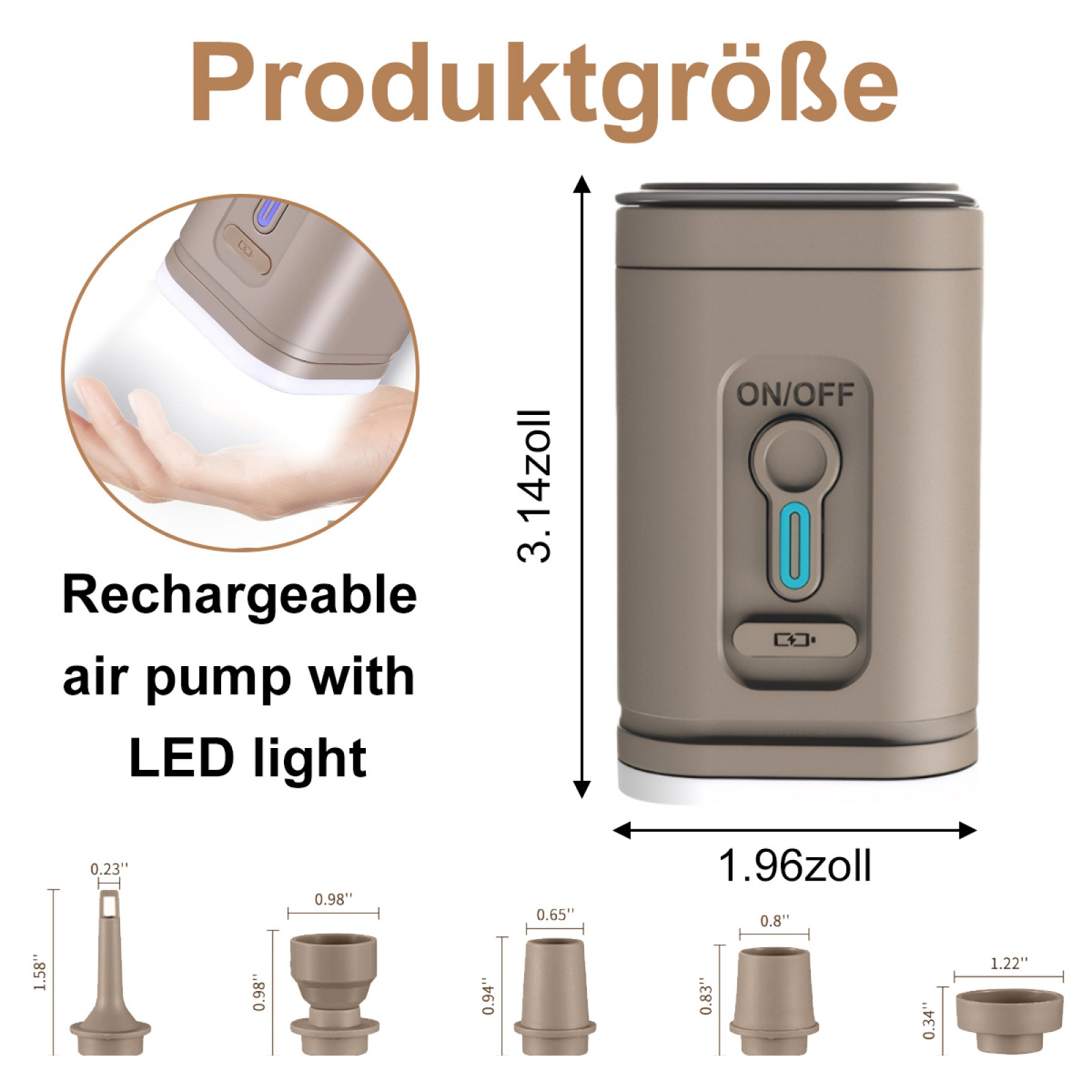 Eine beigefarbene, wiederaufladbare Luftpumpe mit LED-Licht, zusammen mit ihren Abmessungen und verschiedenen Aufsätzen.