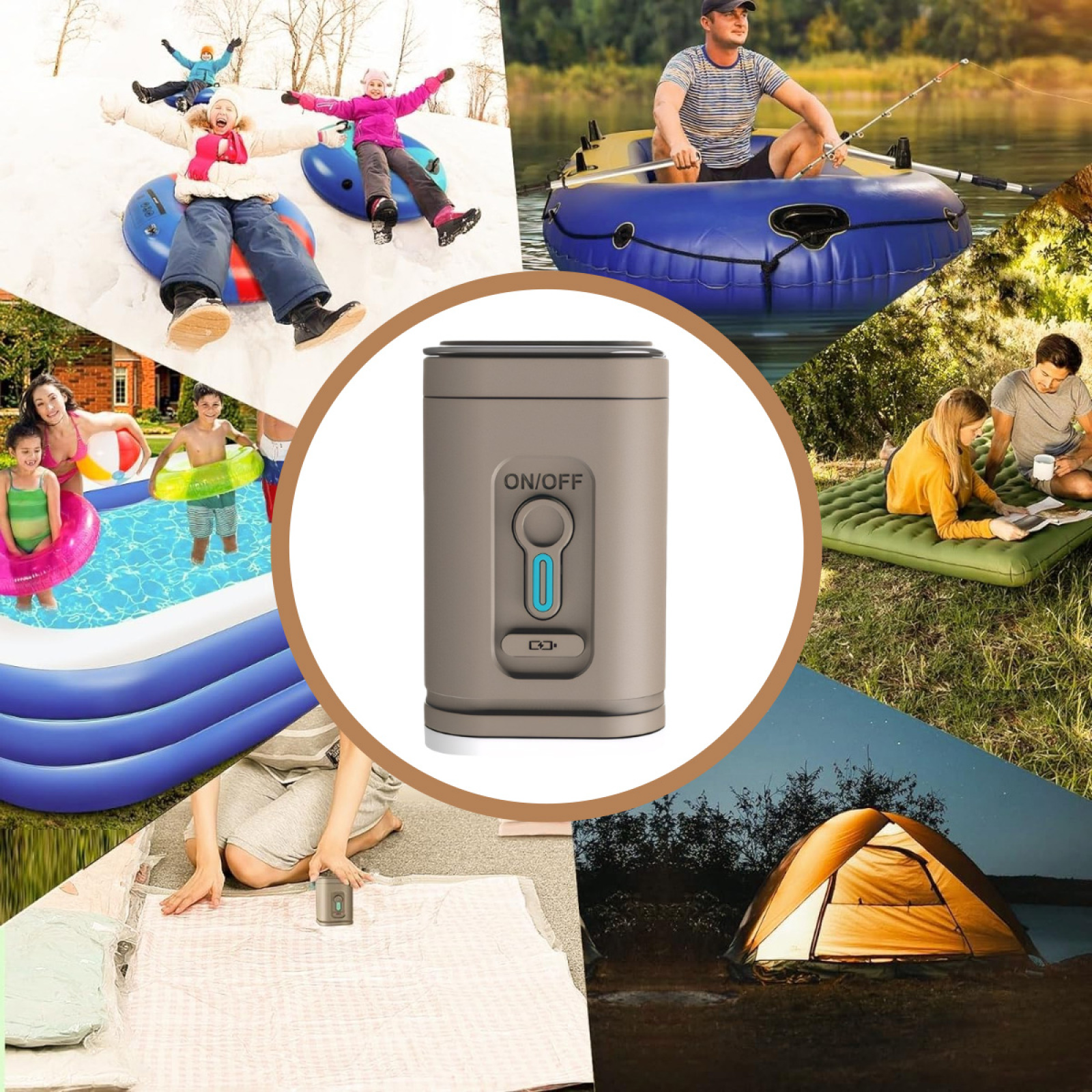 Ein zentrales Luftpumpengerät, umgeben von verschiedenen Szenen: Schneeröhren, Bootfahren, Pool-Spaß, Camping und Schlafen auf einer Matte.