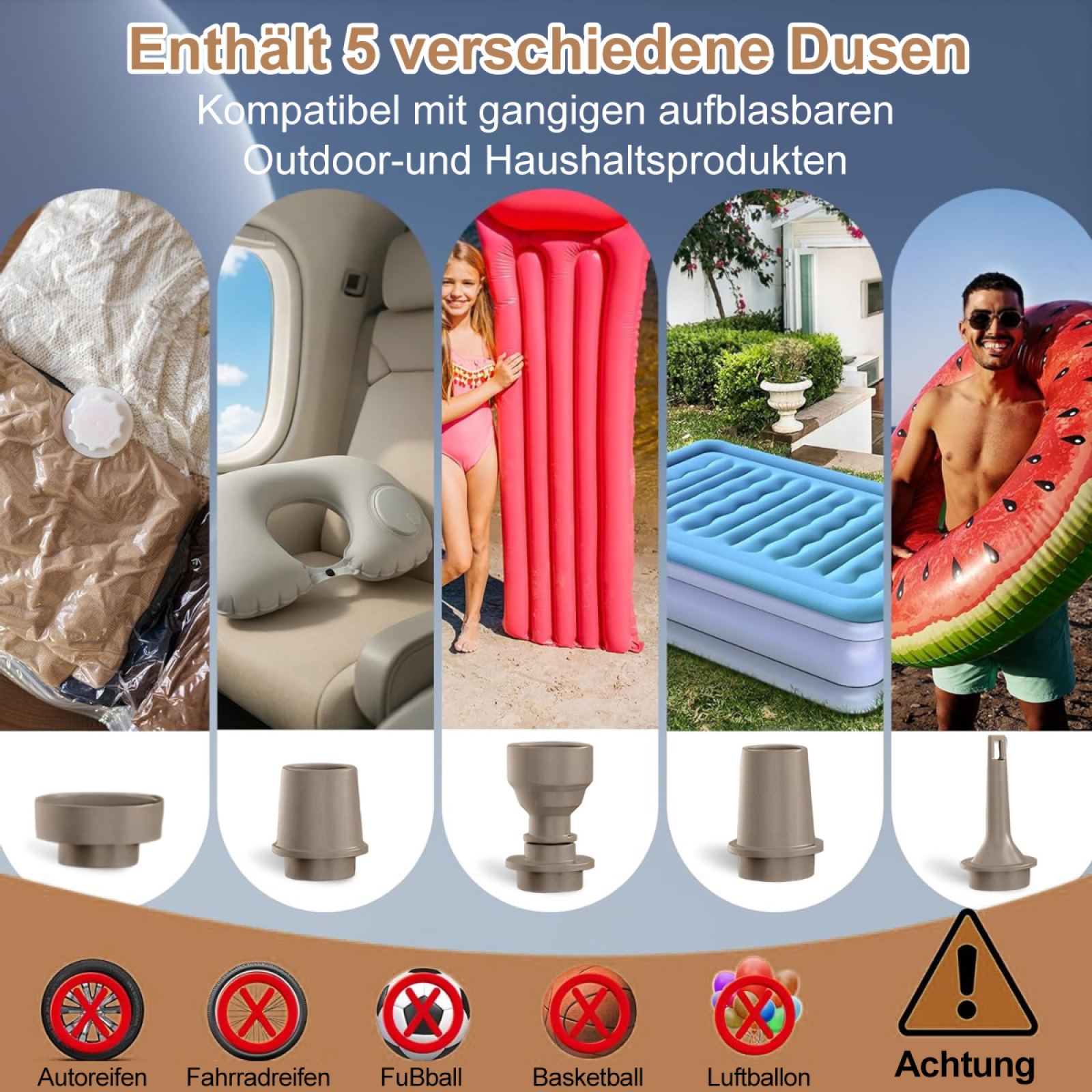 Das Bild zeigt verschiedene aufblasbare Produkte und Adapter mit dem Text „Enthält 5 verschiedene Düsen“.