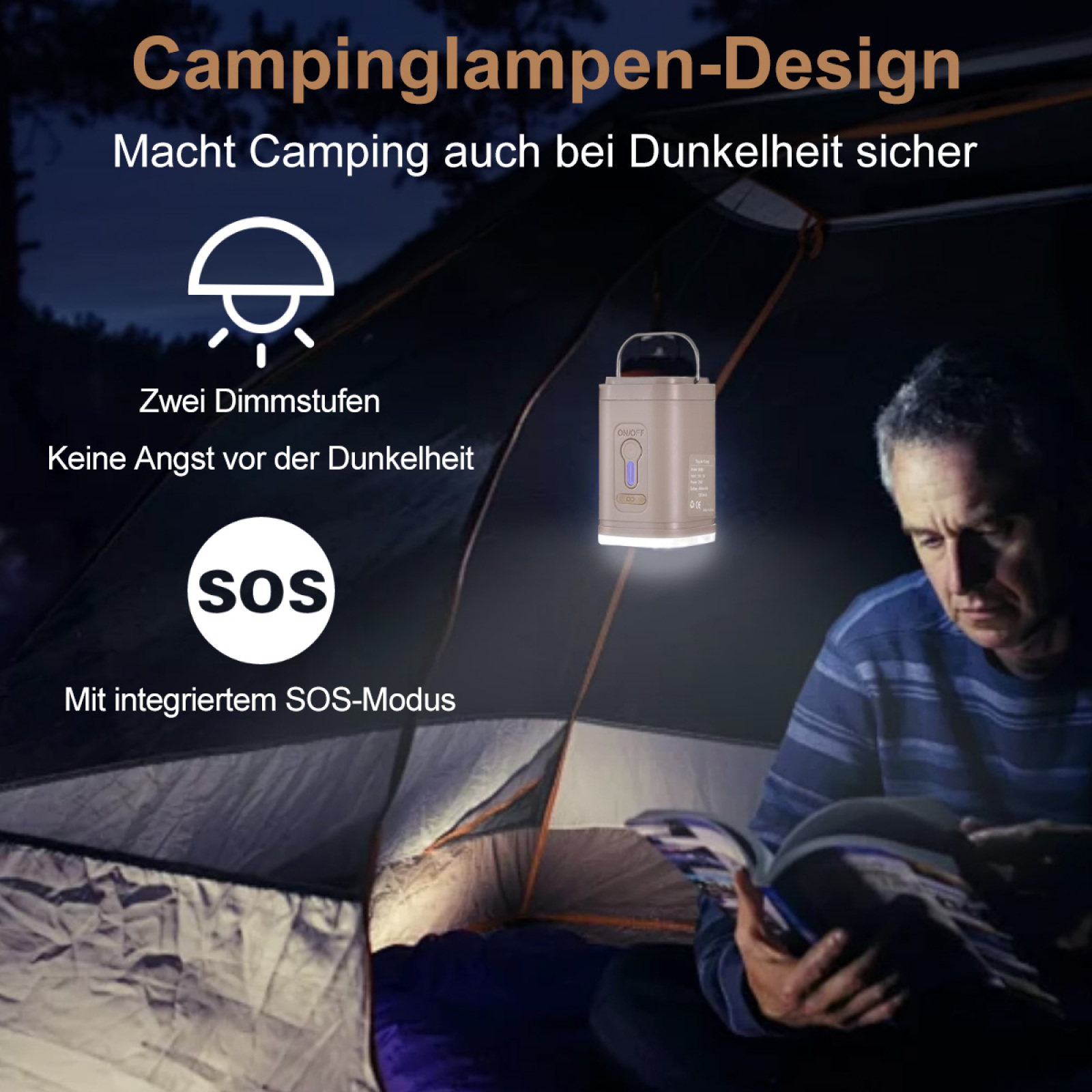 Eine Person liest in einem Zelt ein Buch mit einer Campinglaterne. Text über Sicherheit und SOS-Modus.