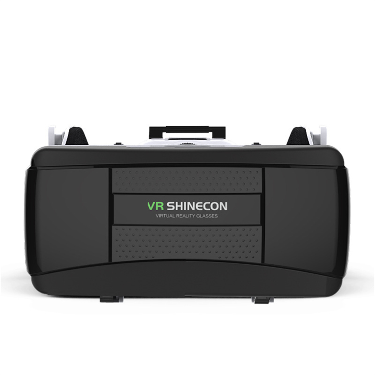 Ein schwarzes VR Shinecon Virtual-Reality-Headset. Die Vorderseite hat den Markennamen in der Mitte und verstellbare Träger.