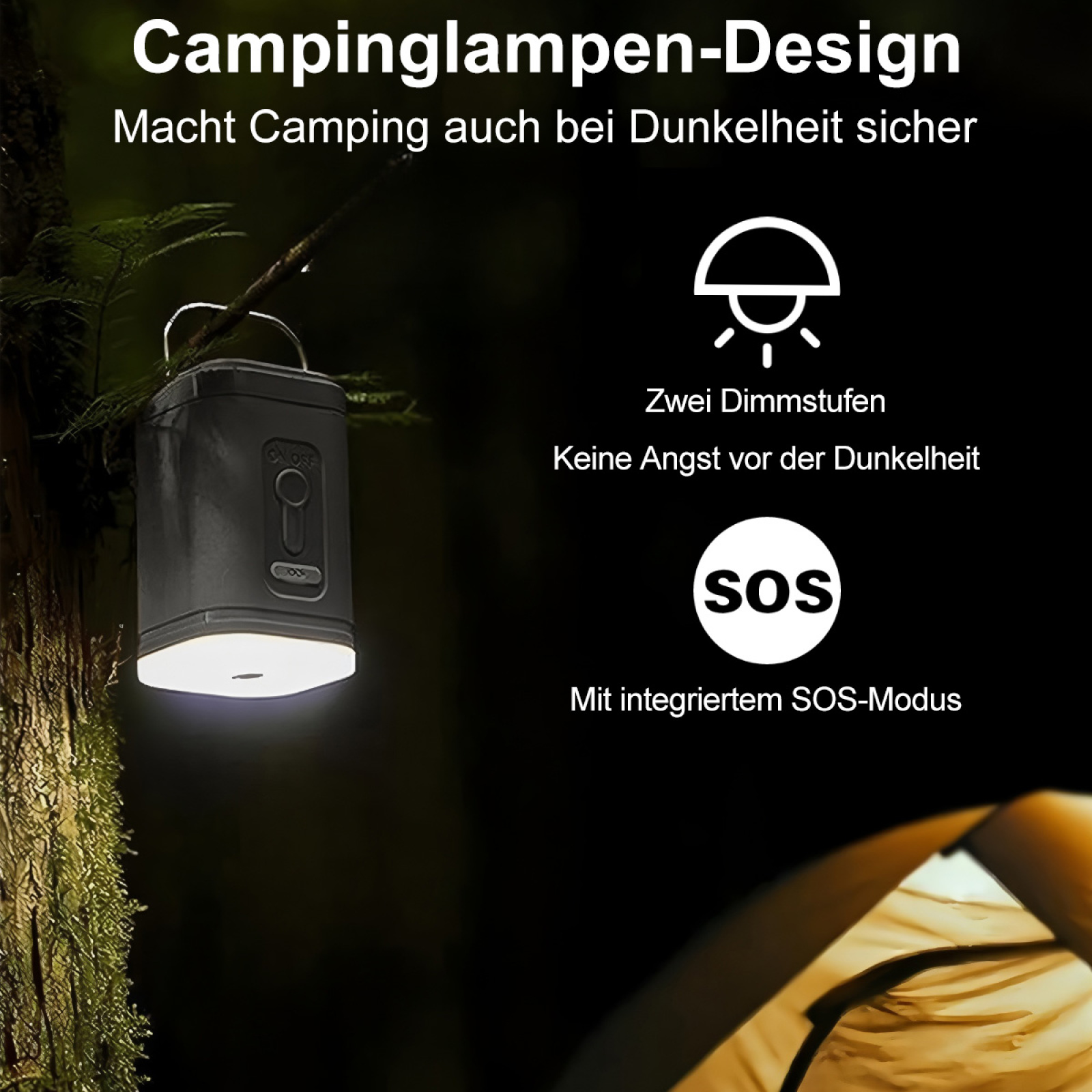 Eine schwarze Campinglaterne, die an einem Ast hängt. Sie hat zwei Dimmstufen und einen SOS-Modus.