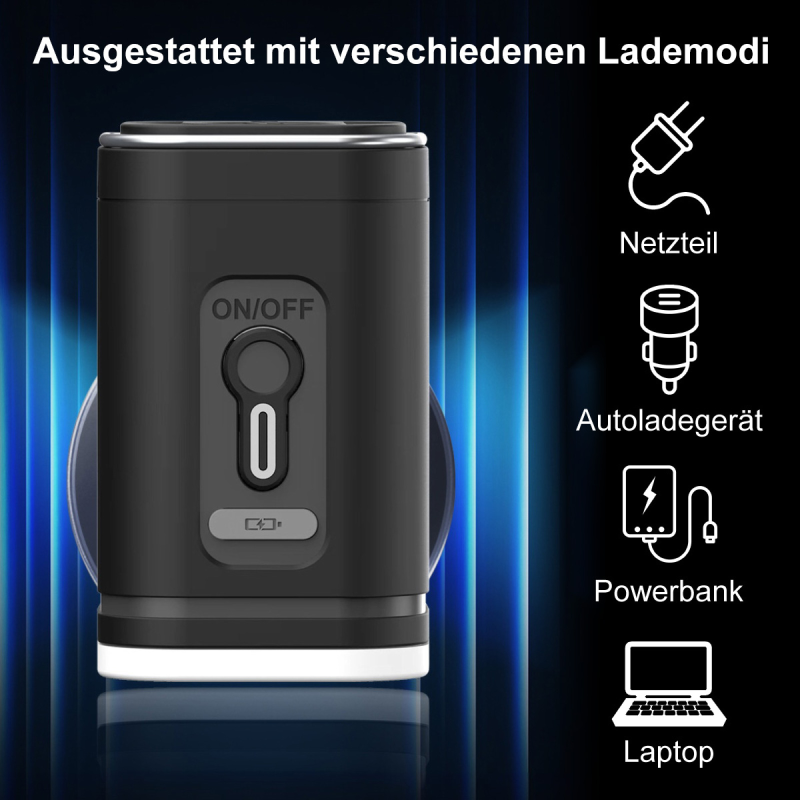 Ein schwarzes elektronisches Gerät mit Ein-/Aus-Taste und Lademodi: Powerbank, Laptop und Autoladegerät.