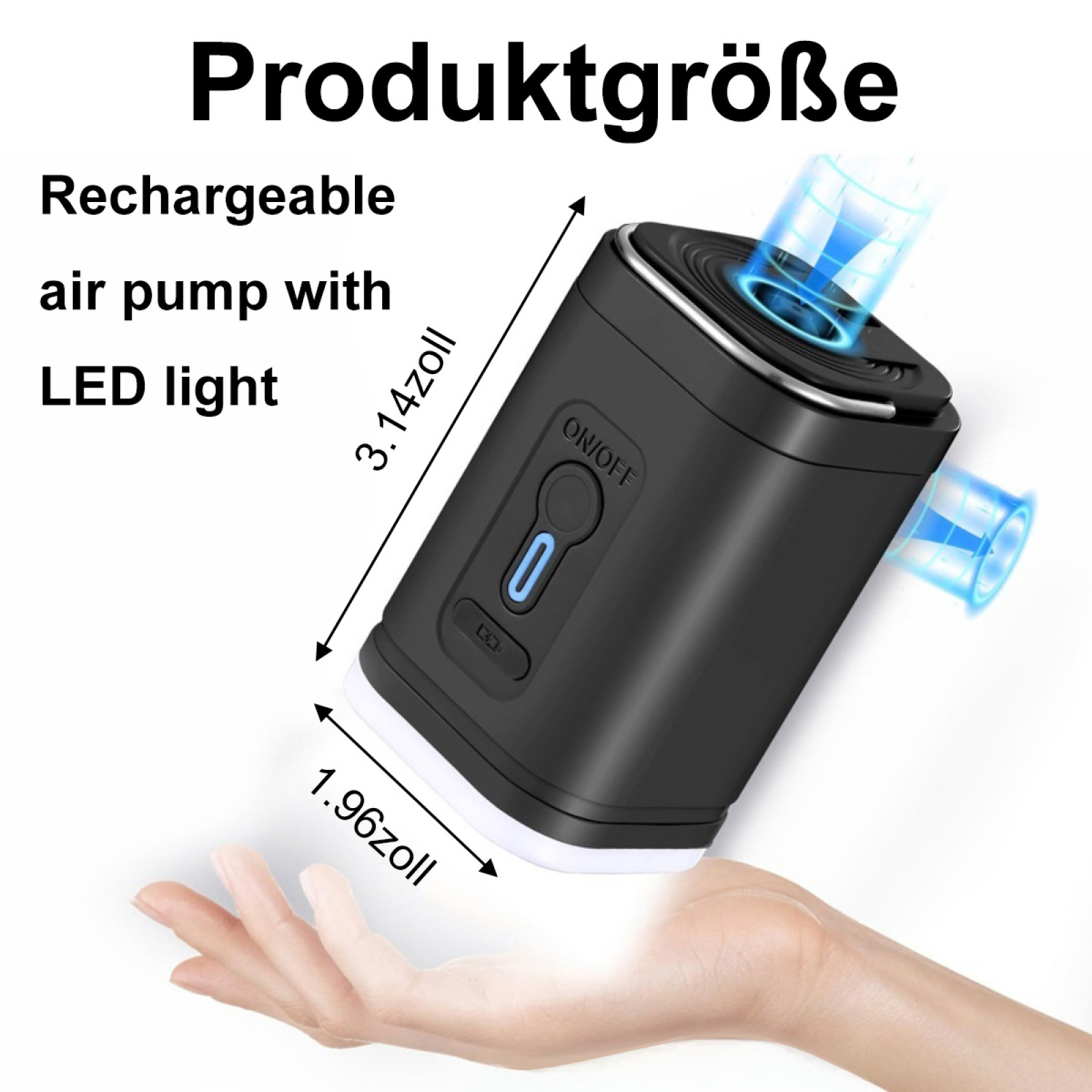 Ein schwarzes rechteckiges Gerät mit Abmessungen, einem Ein-/Ausschalter und zwei blauen Lichtanschlüssen wird gezeigt.