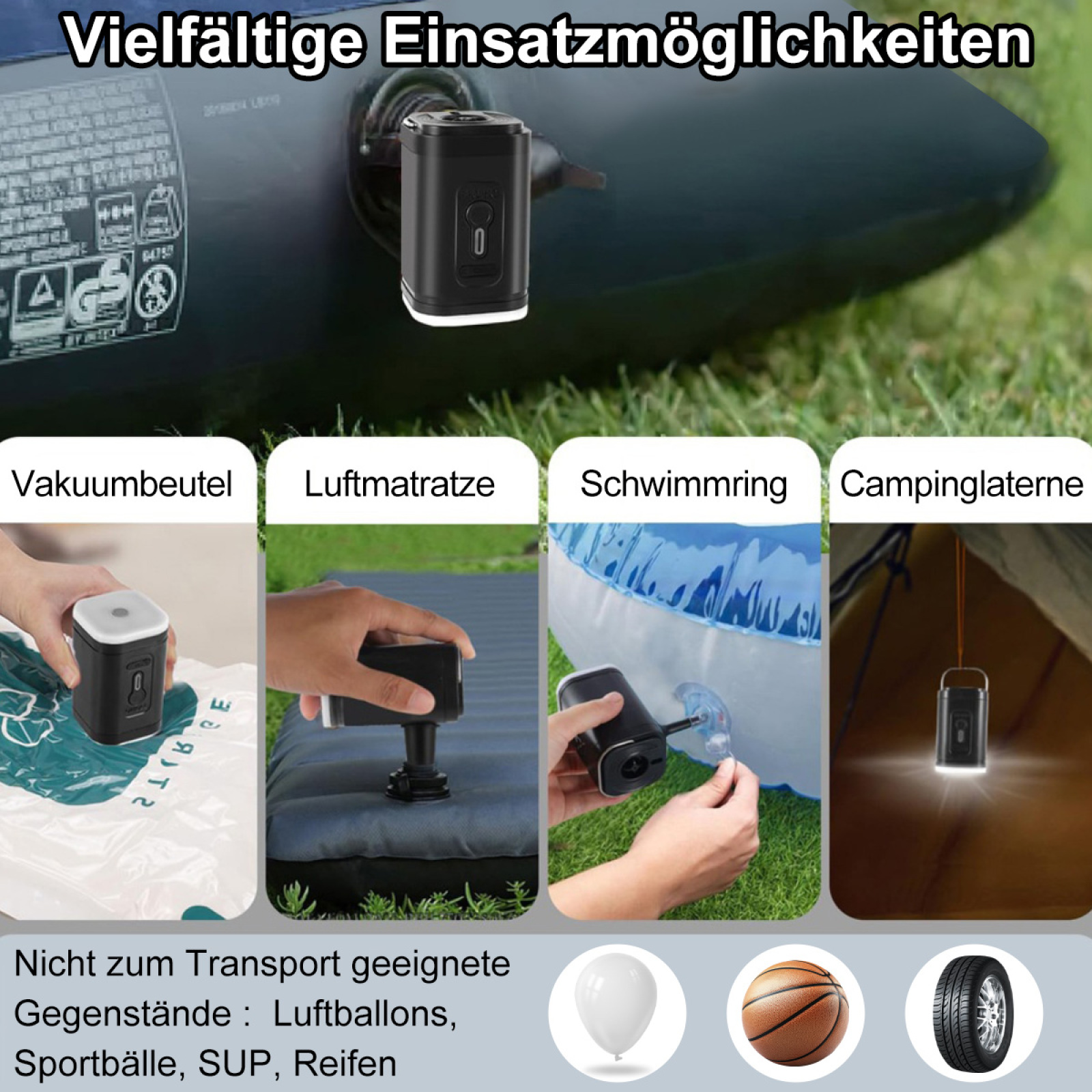 Bild, das eine schwarze Pumpe für verschiedene Anwendungen zeigt, darunter Luftmatratzen und Campinglaternen.