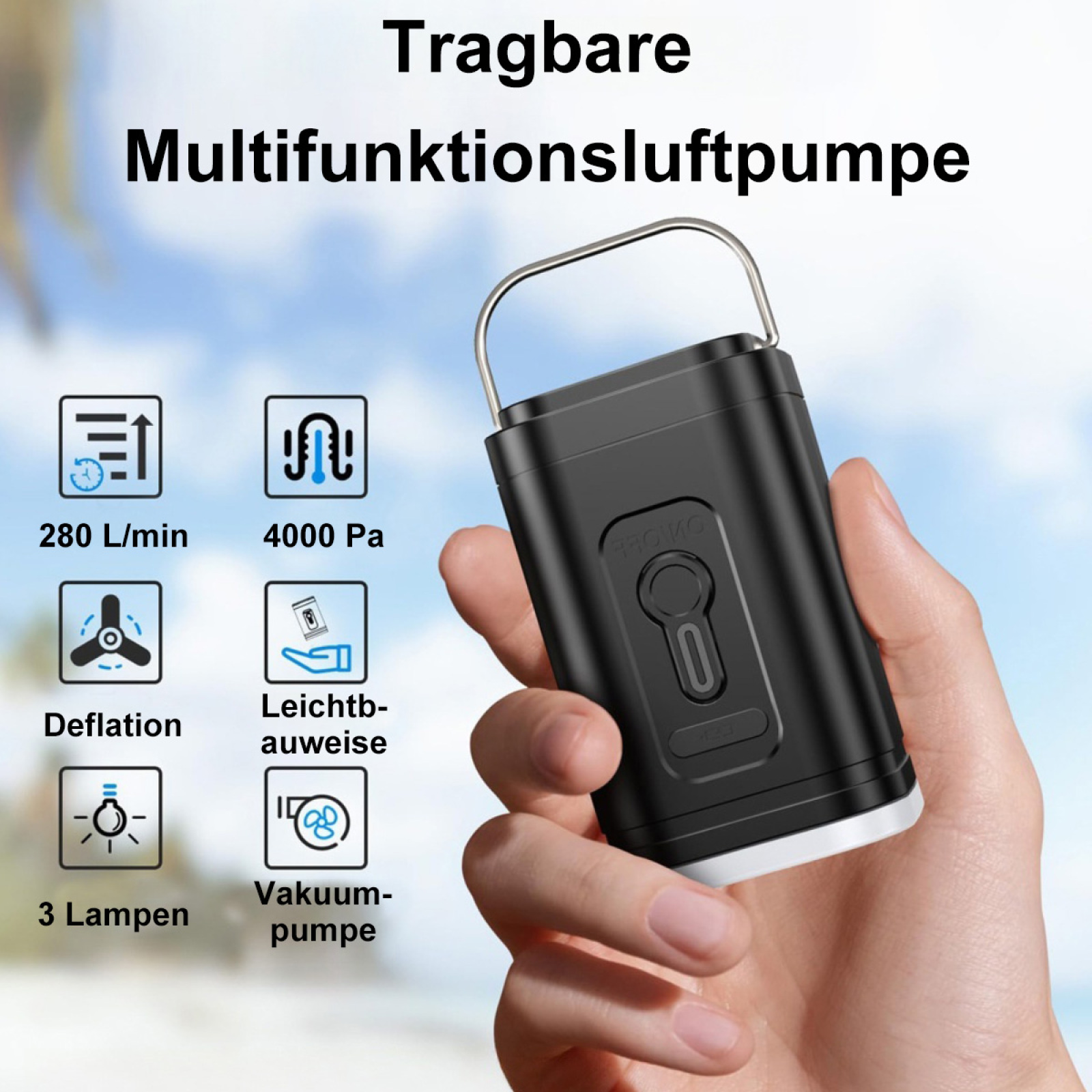 Tragbare Pumpe in Schwarz und Silber mit Symbolen für Luft, Entleeren und eine Lampe. Hand hält die Pumpe.