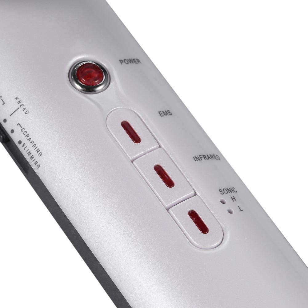 Nahaufnahme eines weißen Geräts mit den Knöpfen 'POWER', 'EMS', 'INFRARED' und 'SONIC'. Rote Lichter sind sichtbar.
