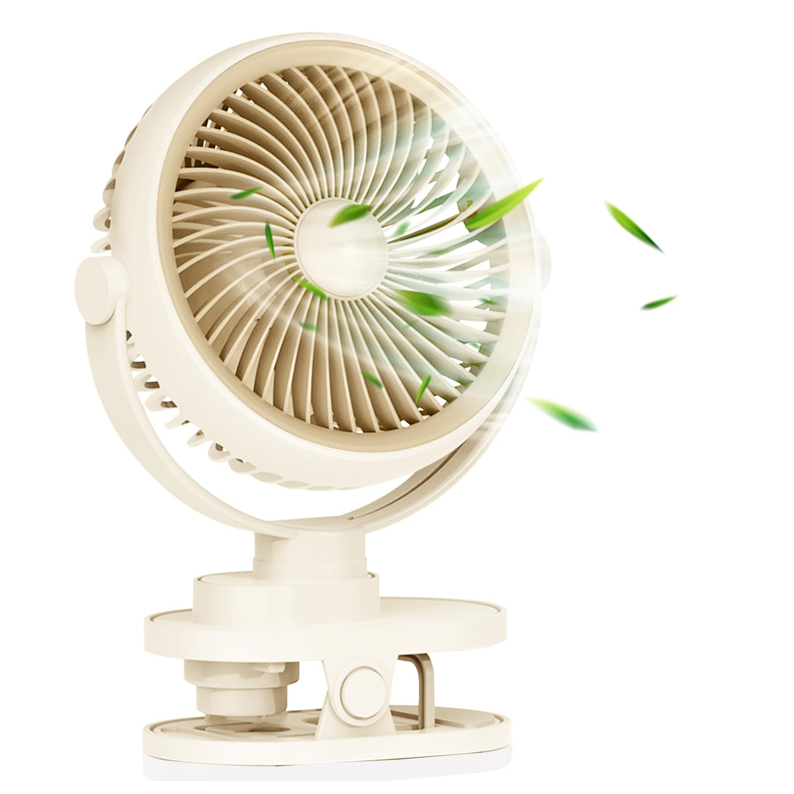Ein weißer, cremefarbener Ventilator mit Clip-on-Basis. Grüne Blätter scheinen sich vor dem Ventilator zu bewegen.