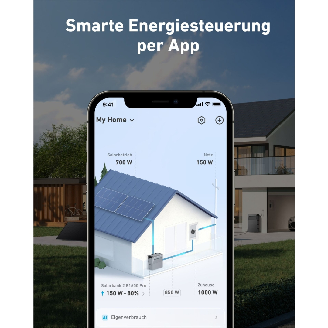 Ein Smartphone zeigt eine Smart-Energy-Control-App auf einem Haus an. Die App zeigt die Solar- und Netzenergienutzung.