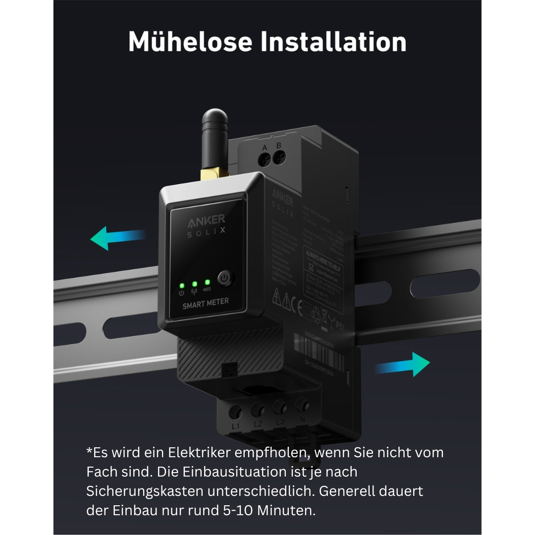 Ein schwarzer Smart Meter auf einer Schiene mit Pfeilen, Text auf Deutsch und dem Anker Solix Logo.