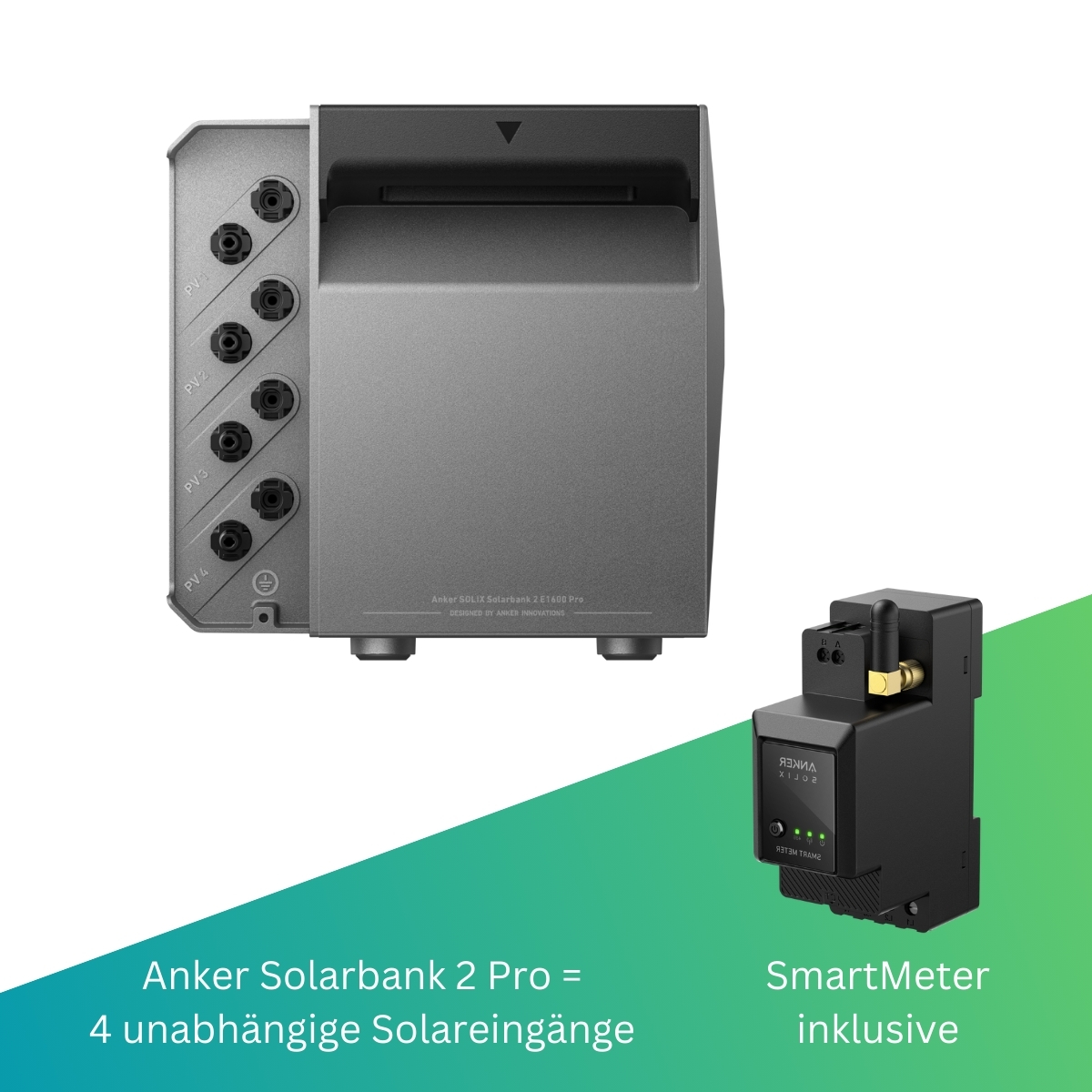 Anker Solarbanks mit einem Smart Meter. Die Solarbanks haben vier unabhängige Solareingänge.