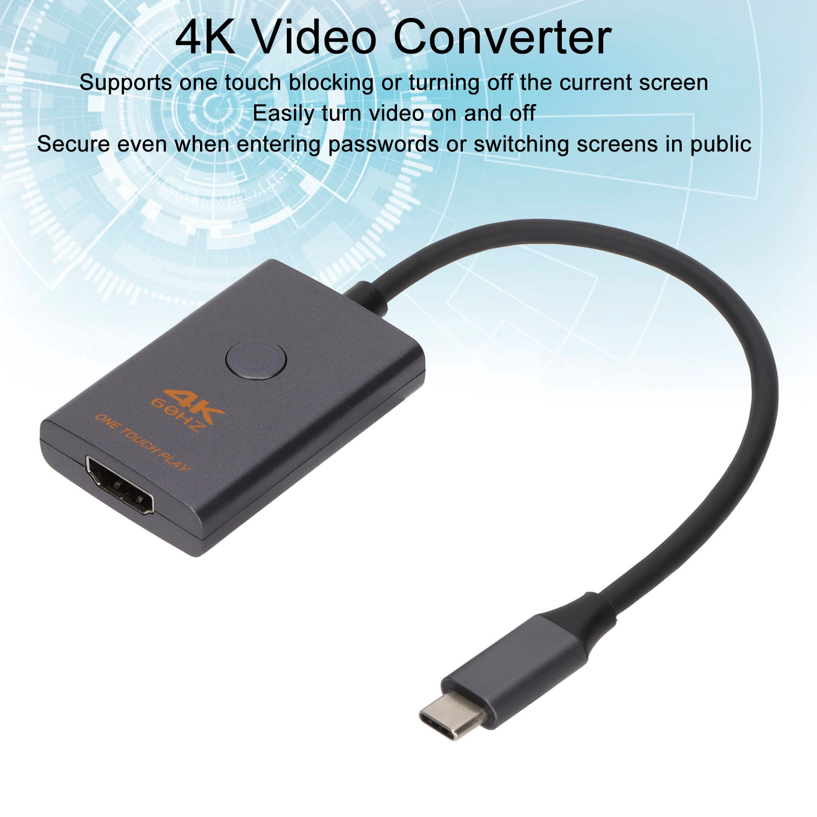 Ein grauer 4K-Videokonverter mit einem USB-C- und HDMI-Kabel.