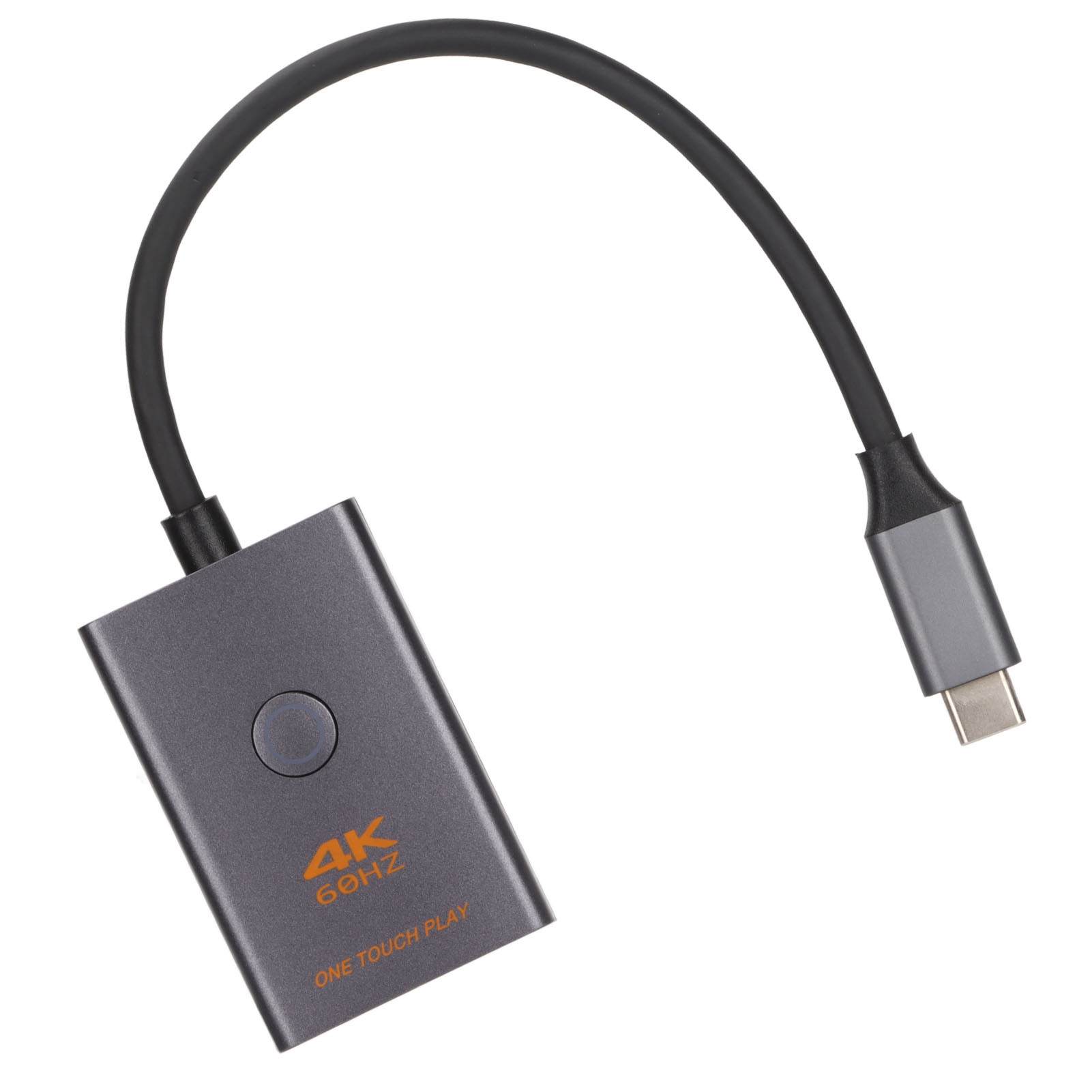 Grauer HDMI-Adapter mit schwarzem Kabel. Er hat den Text 4K 60Hz und ONE TOUCH PLAY.